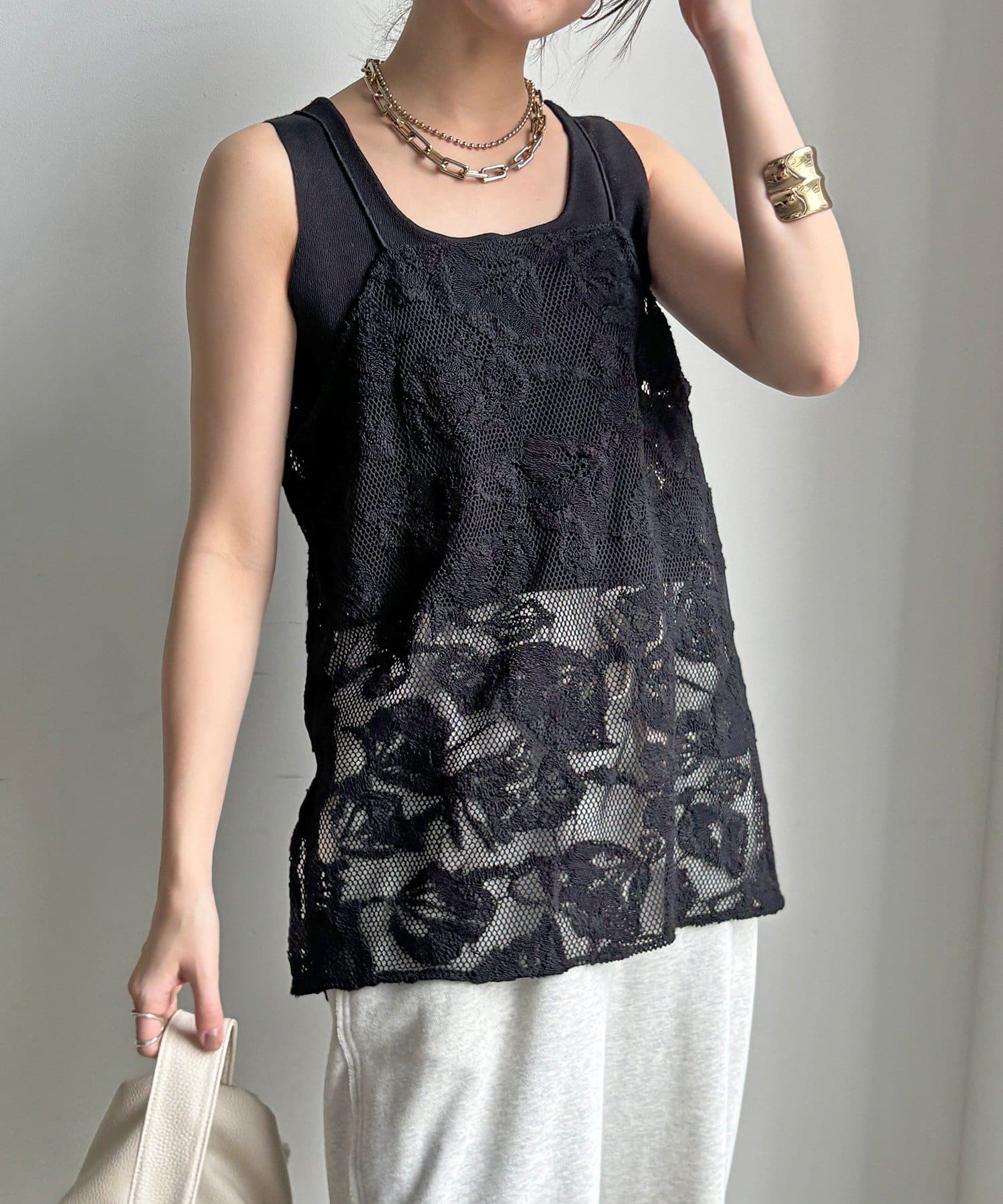 DOUDOU(ドゥドゥ) 【セットアップ可能】メッシュレースキャミ