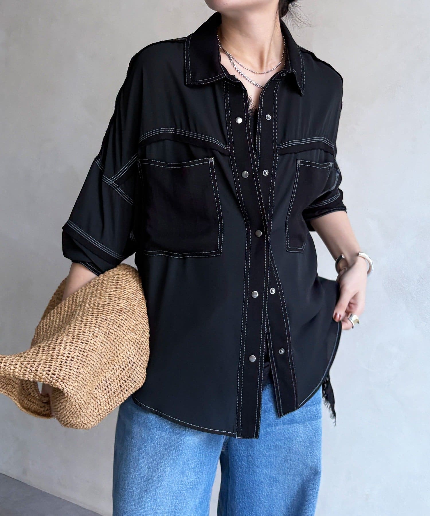 DOUDOU(ドゥドゥ) 【WEB限定】異素材切替テープブラウス