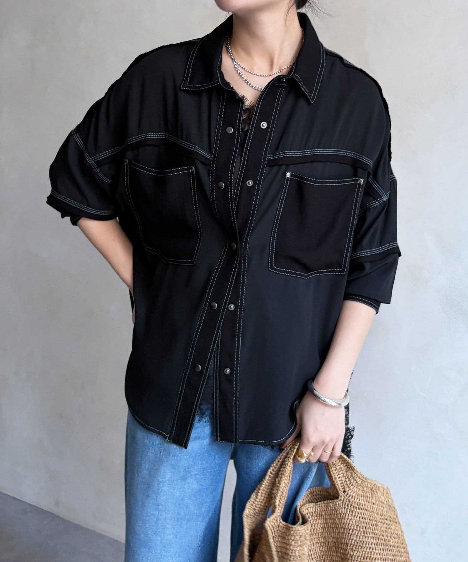 DOUDOU(ドゥドゥ) 【WEB限定】異素材切替テープブラウス