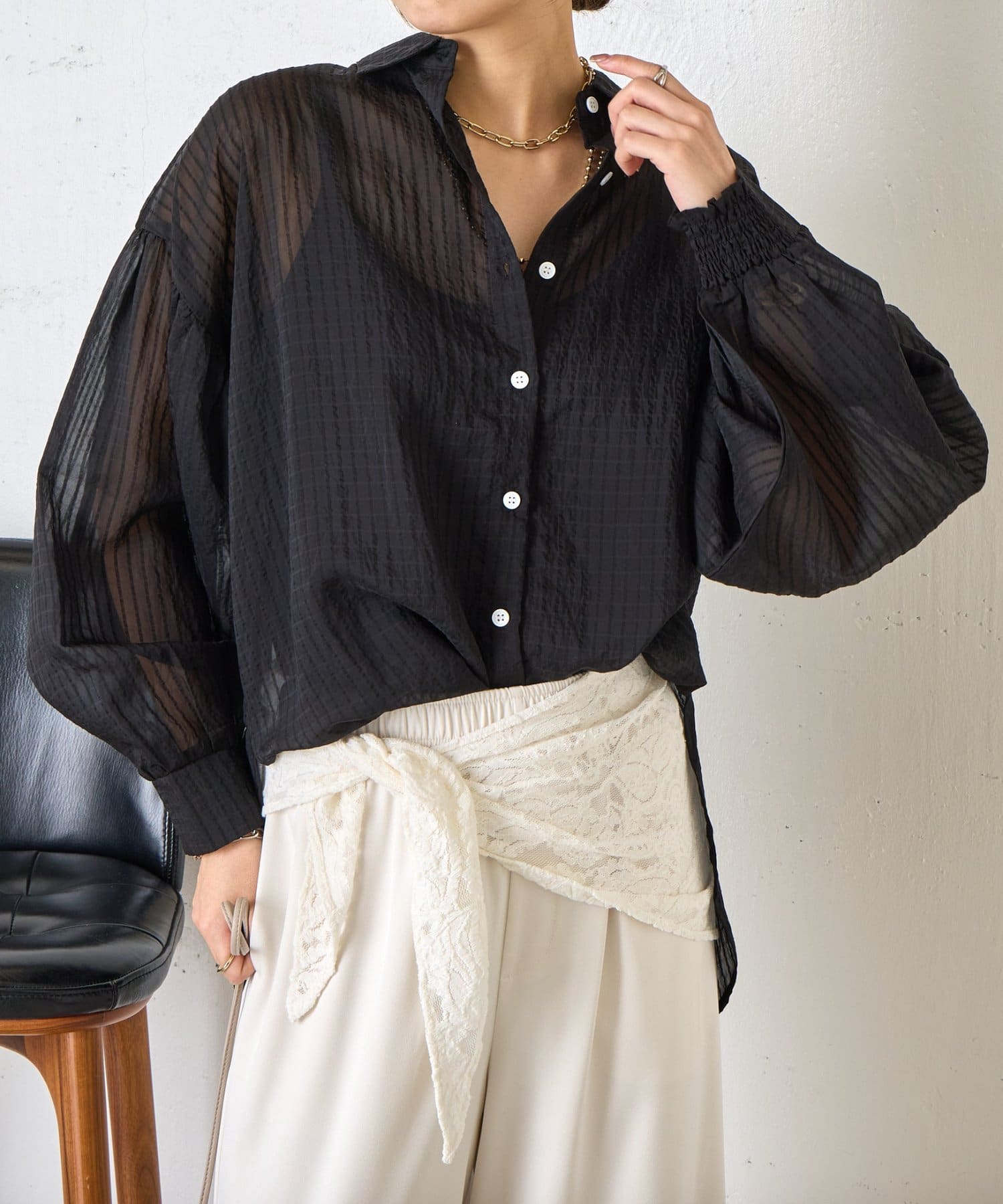 Jena　espace merveilleux(ジェナ　エスパスメルヴェイユ) 【体系カバー◎】シアーストライプチュニックシャツ