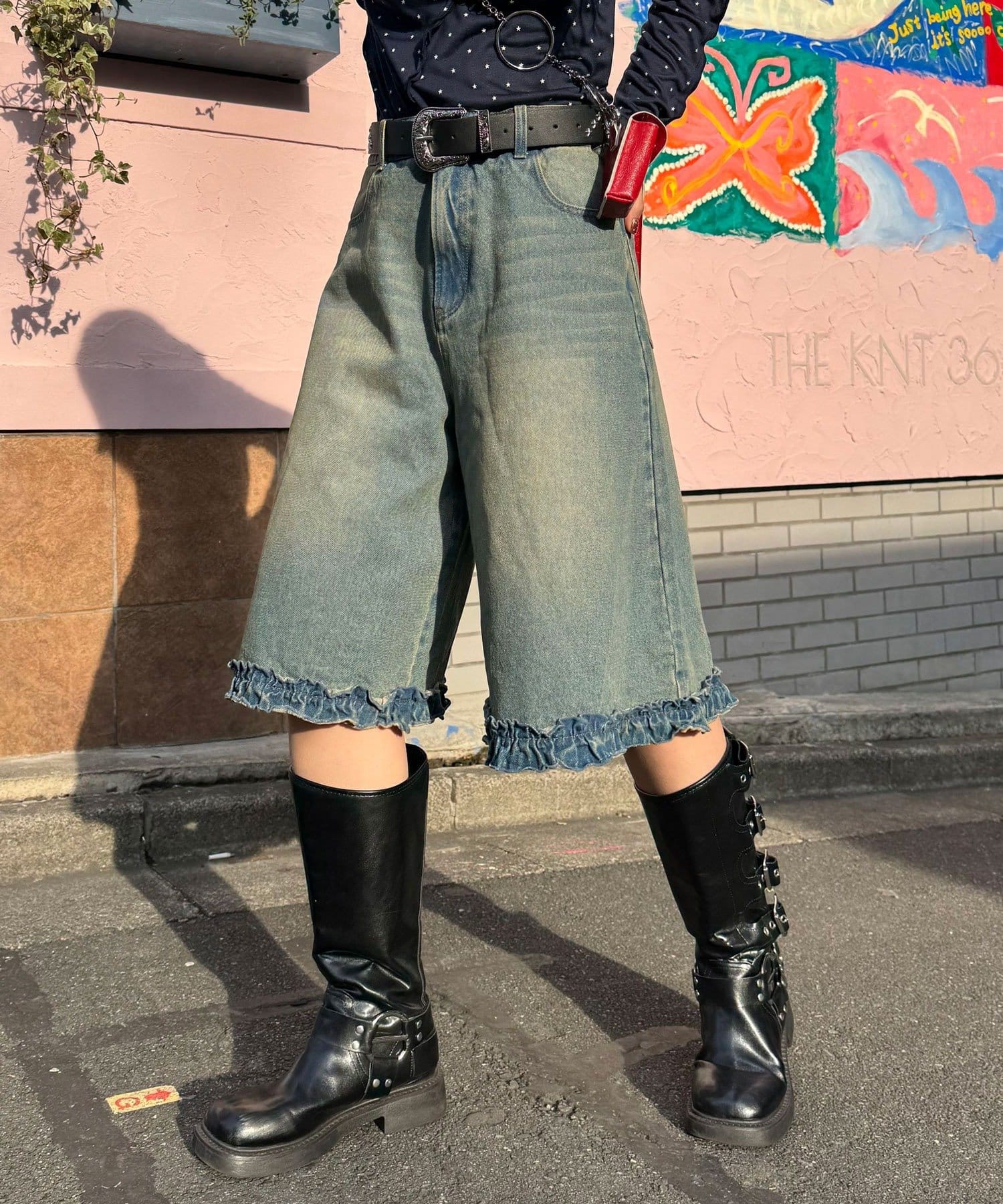 CIAOPANIC(チャオパニック) 【無地／花柄】裾フリルデニムハーフパンツ