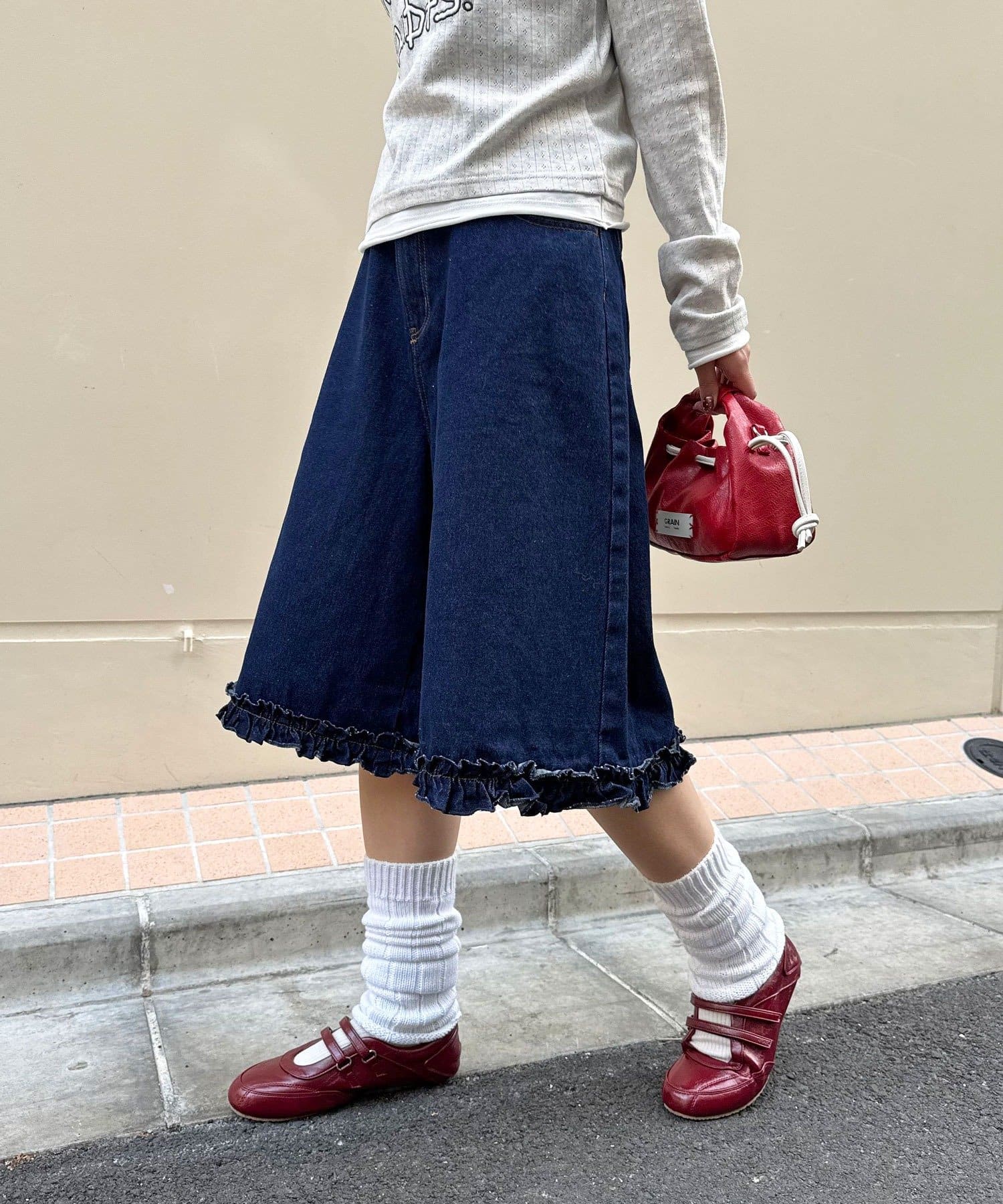 CIAOPANIC(チャオパニック) 【無地／花柄】裾フリルデニムハーフパンツ