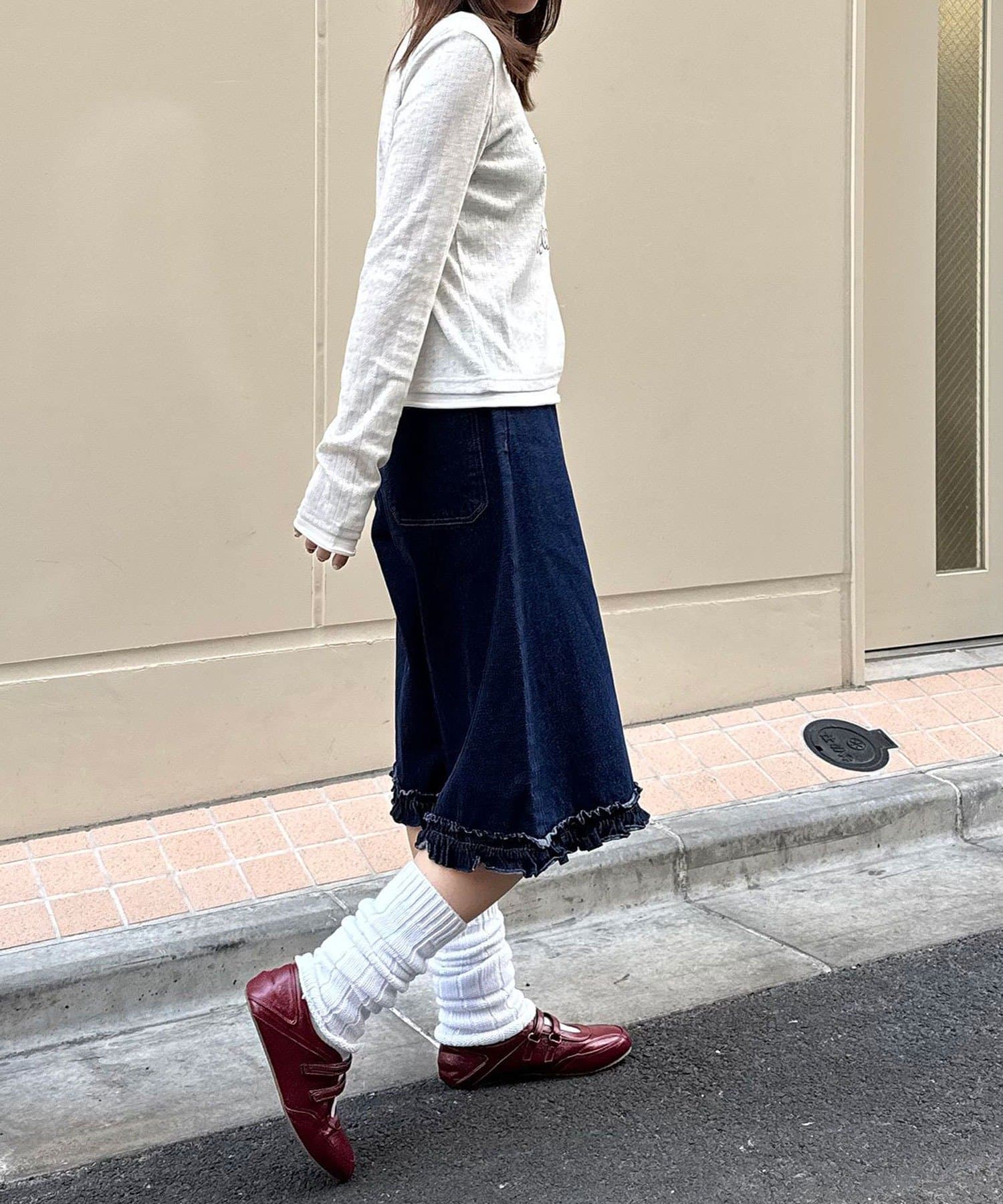 CIAOPANIC(チャオパニック) 【無地／花柄】裾フリルデニムハーフパンツ