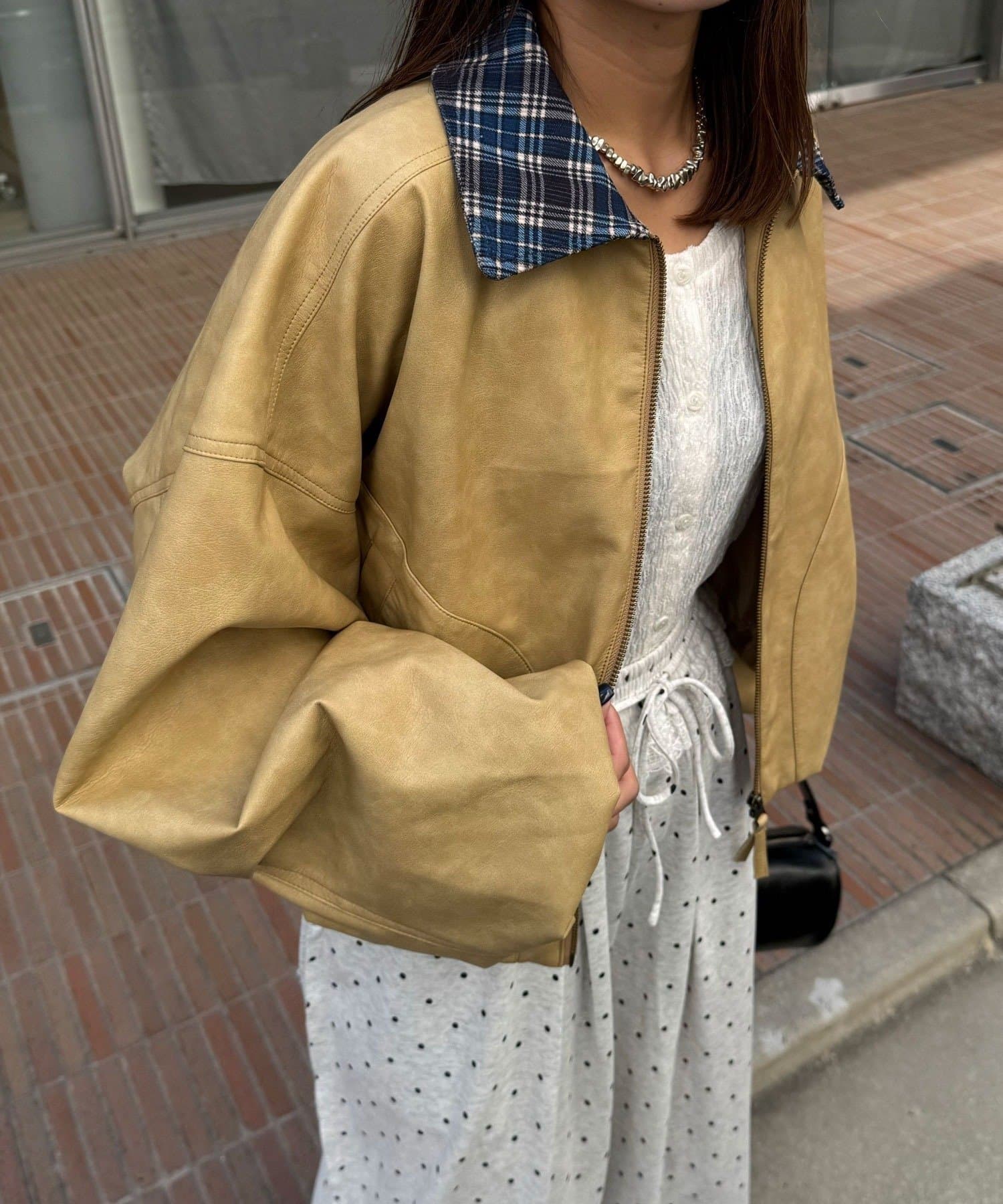 CIAOPANIC(チャオパニック) チェック襟フェイクレザーバルーンショートブルゾン