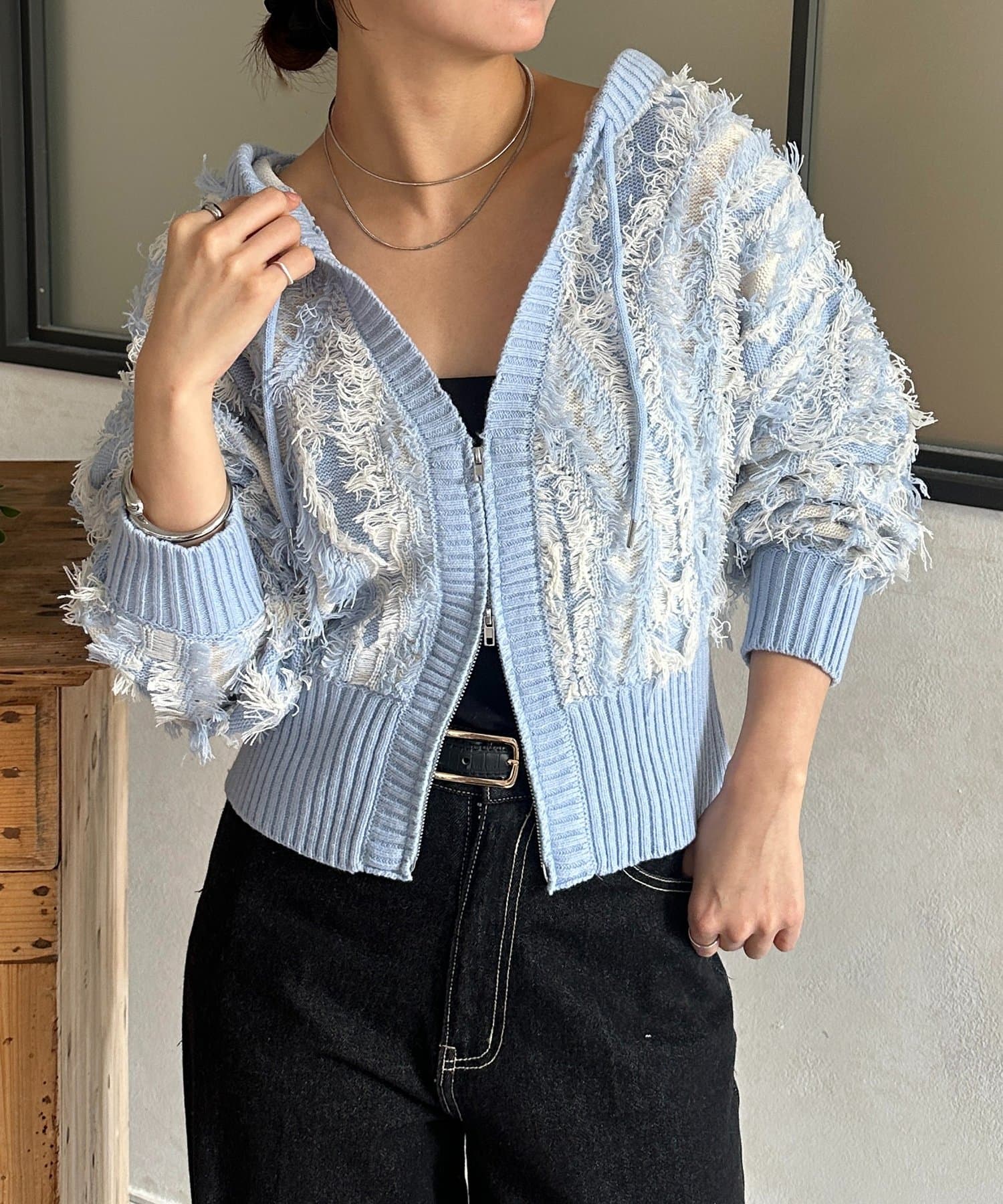 Thevon.(ゼヴォン) フリンジWジップフードカーディガン