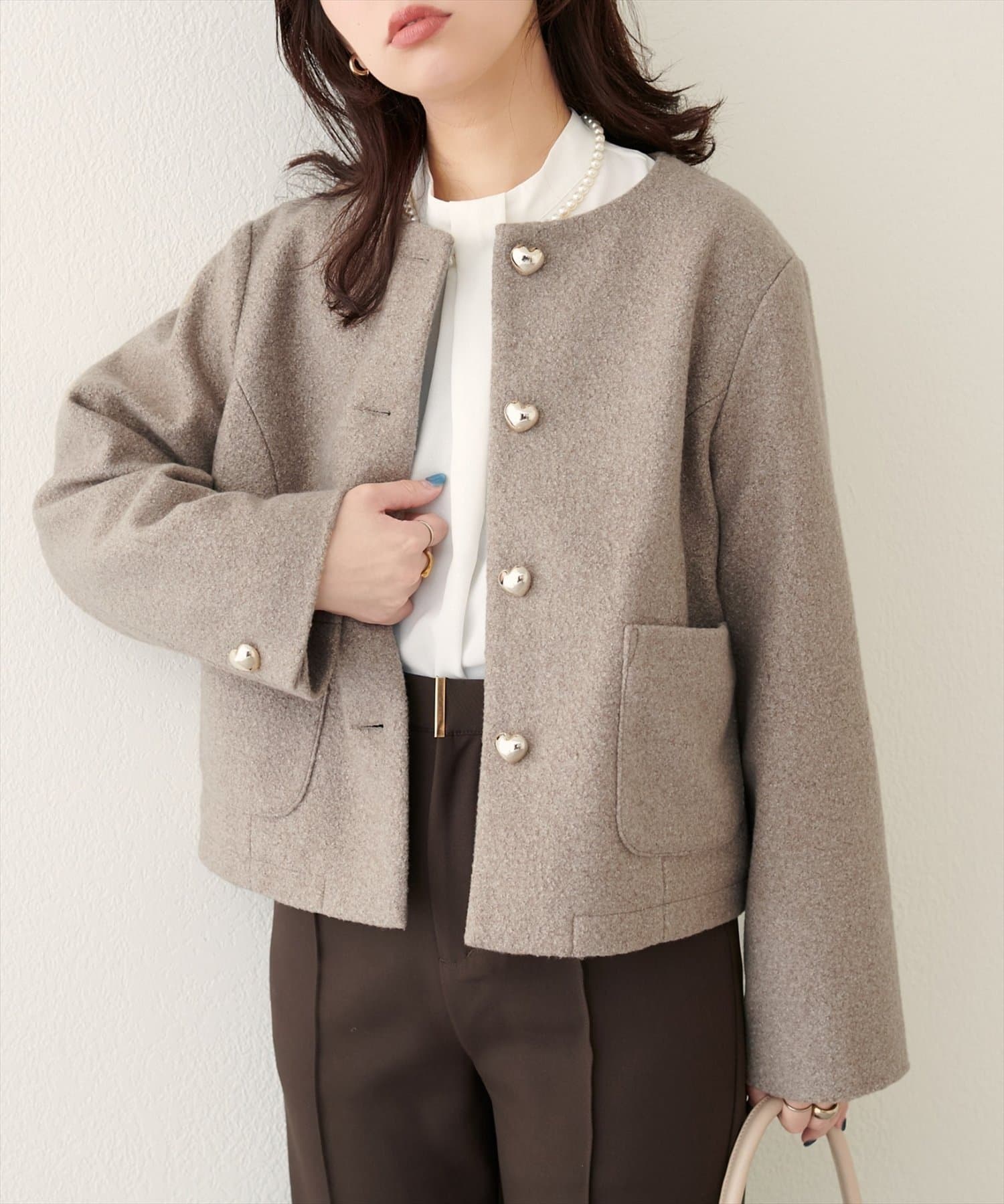 NICE CLAUP / OLIVE des OLIVE OUTLET(ナイスクラップ  / オリーブ デ オリーブ アウトレット) 【natural couture】ハート釦ほっこり素材コートジャケット