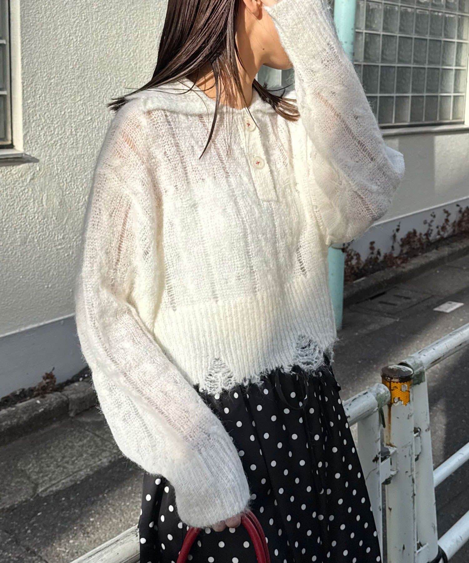 CIAOPANIC(チャオパニック) 甘編みシアーケーブルダメージニットポロ