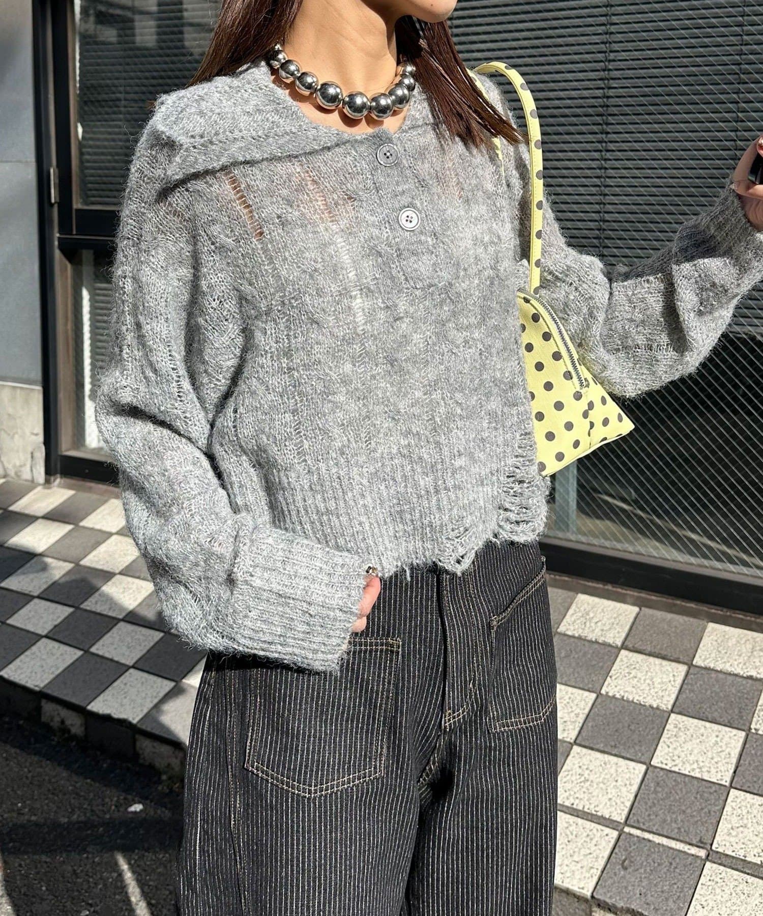 CIAOPANIC(チャオパニック) 甘編みシアーケーブルダメージニットポロ