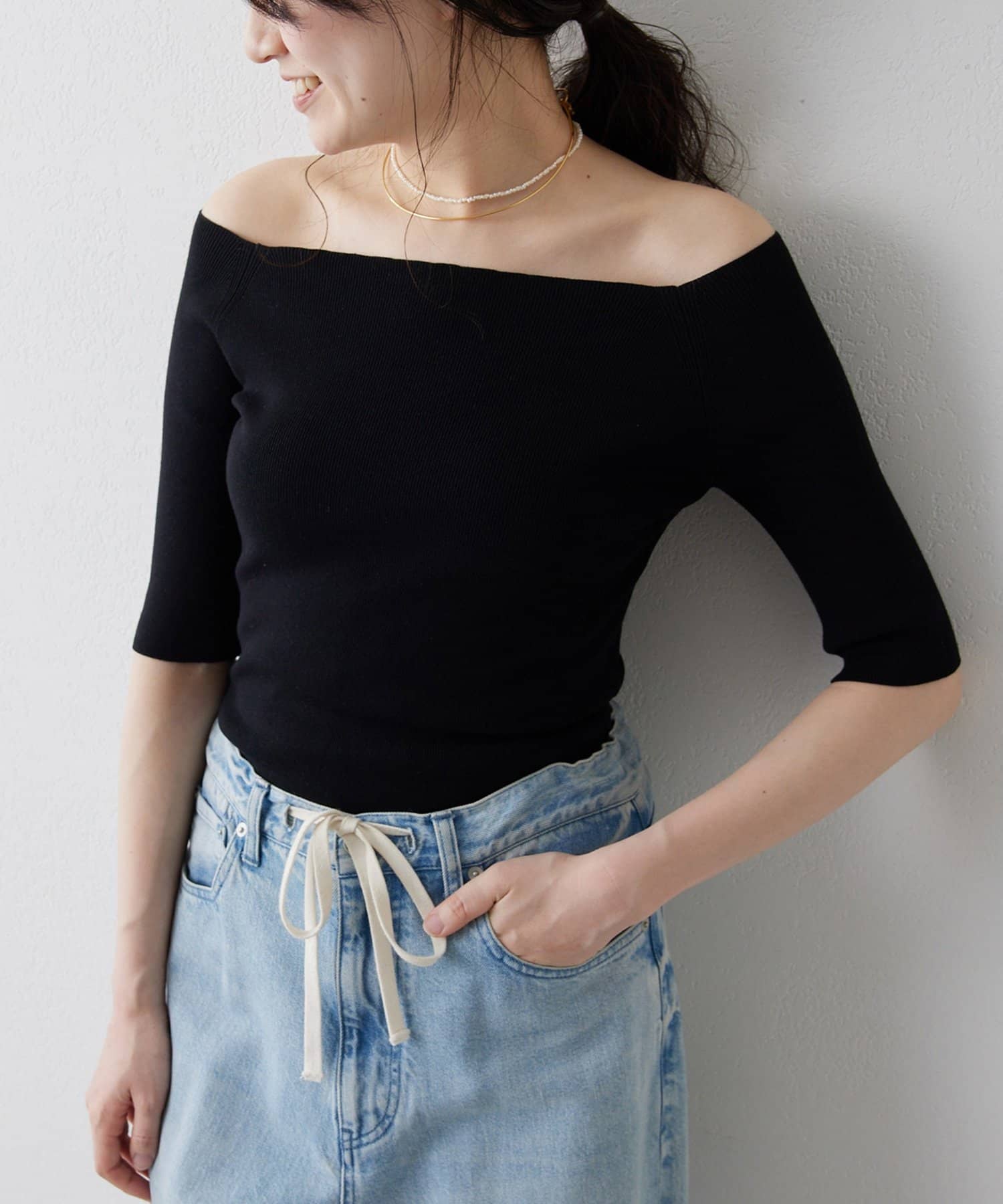 Whim Gazette(ウィム ガゼット) 【THE PAUSE】オフショルハーフスリーブプルオーバー