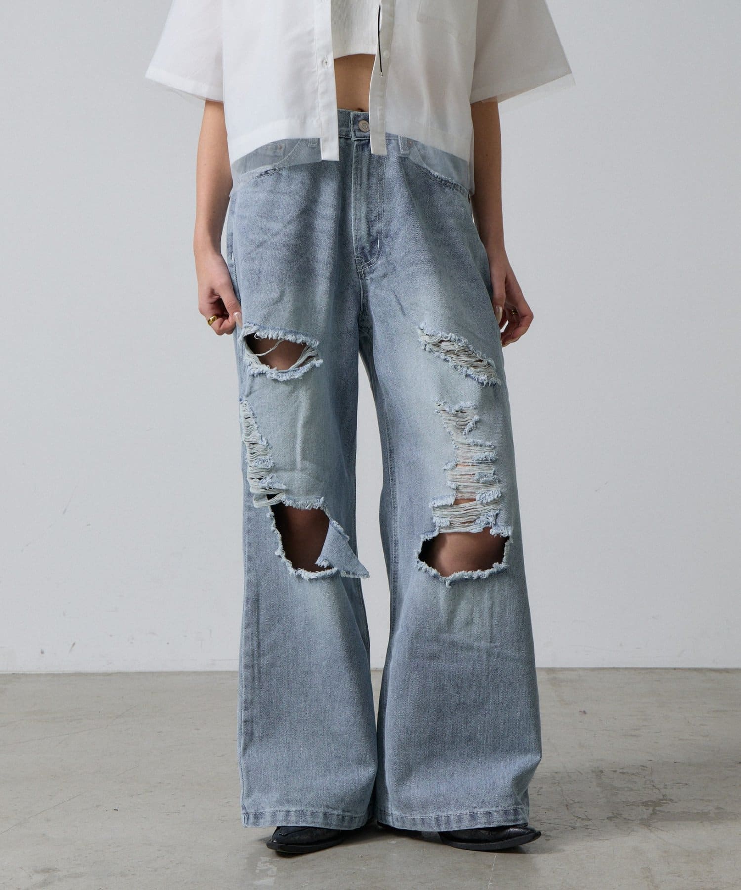 -goocy-(グーシー) ダメージデニムストレートパンツ