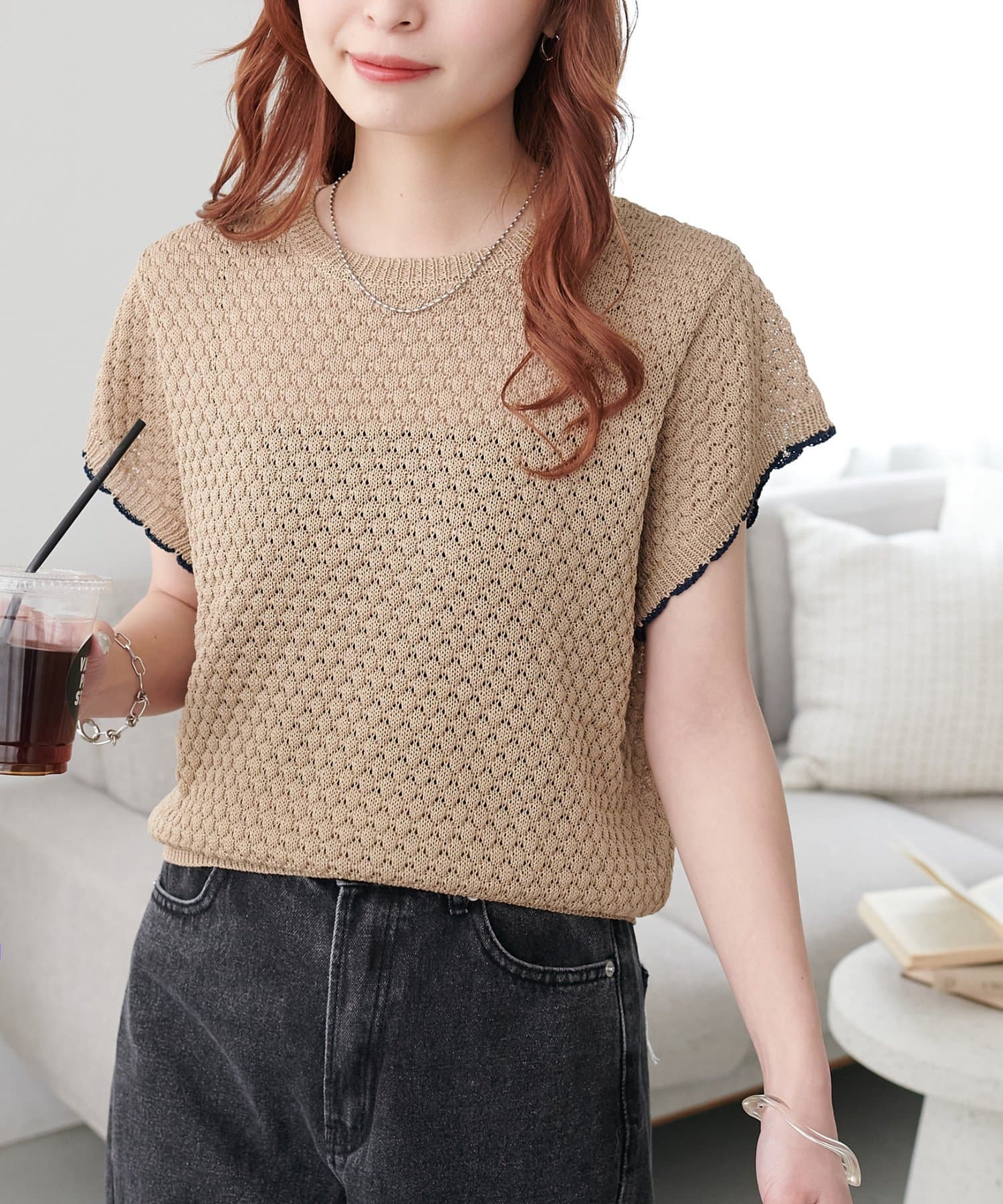 DISCOAT(ディスコート) 【WEB限定】袖配色スカラップポコポコフレンチニット