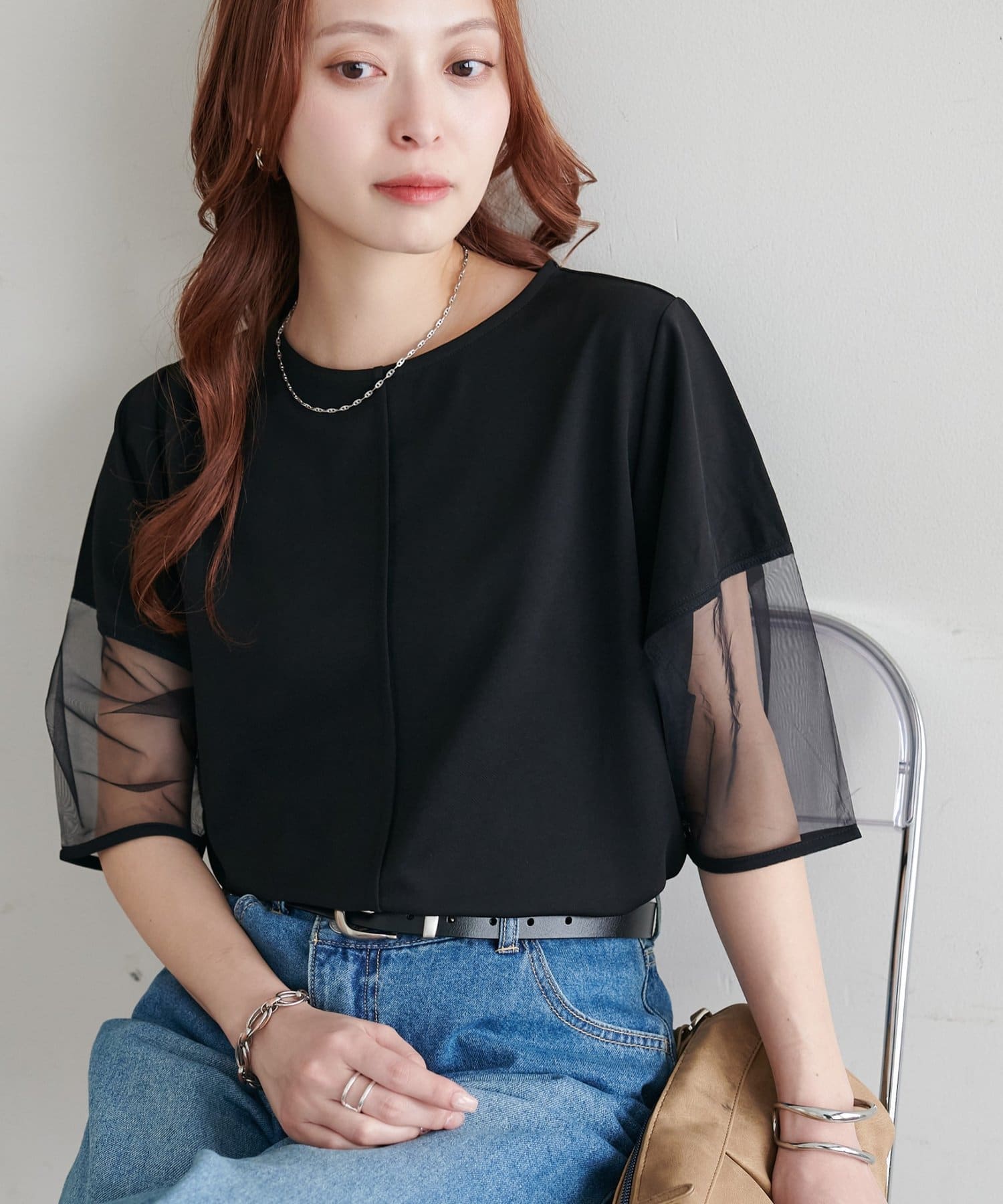 DISCOAT(ディスコート) 【WEB限定】袖シアーカットカルゼTシャツ