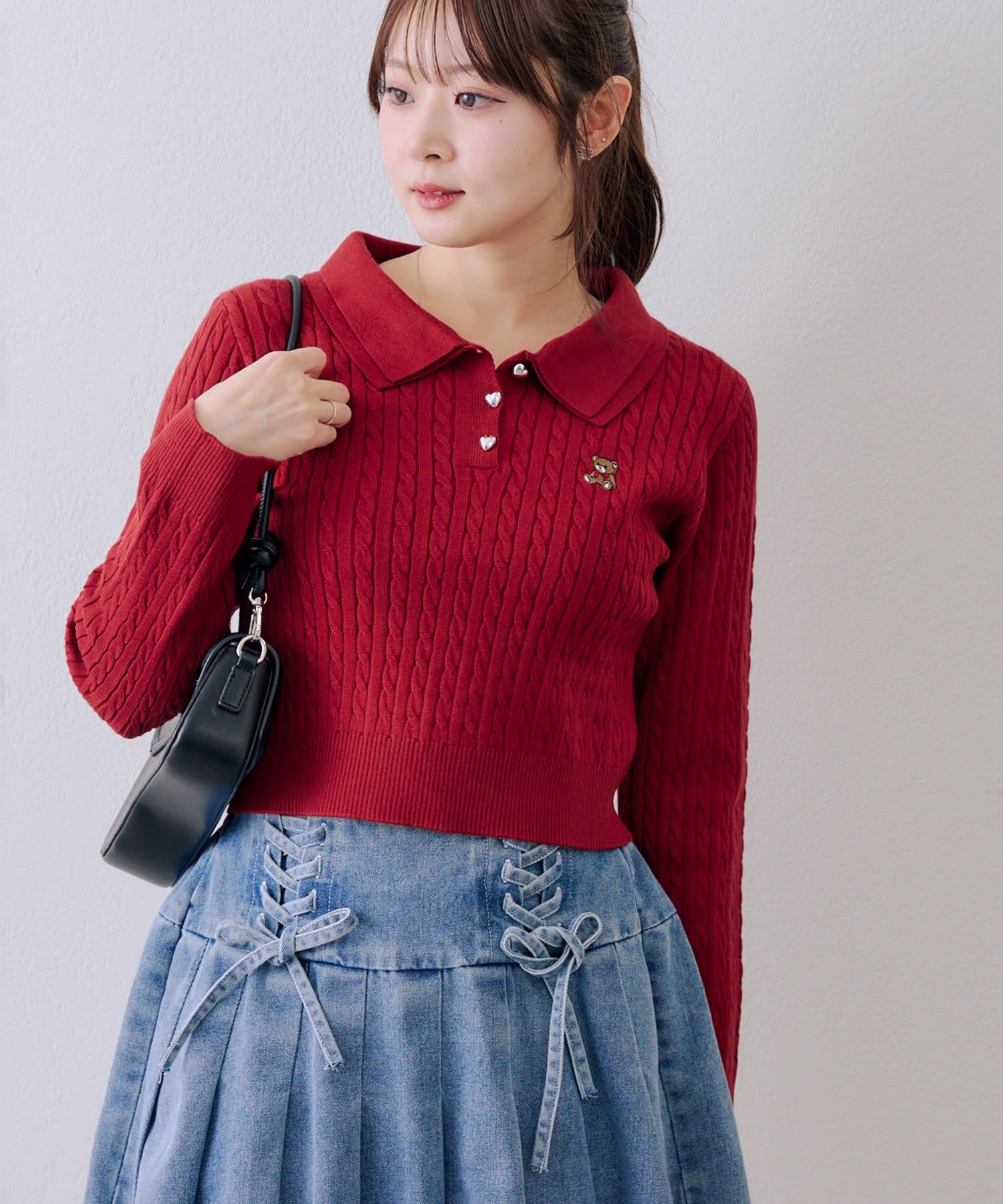 NICE CLAUP / OLIVE des OLIVE OUTLET(ナイスクラップ  / オリーブ デ オリーブ アウトレット) 【RMAF】くま刺繍ケーブルポロニット