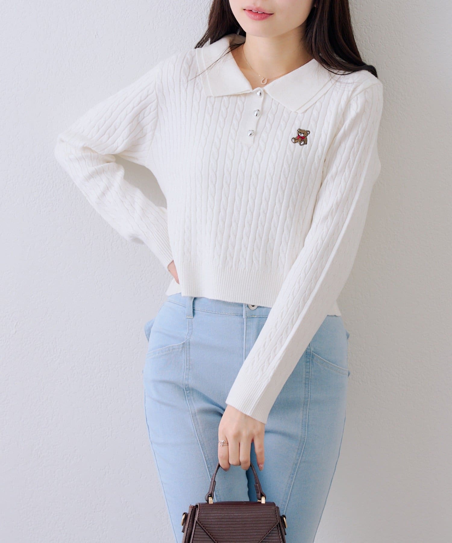 NICE CLAUP / OLIVE des OLIVE OUTLET(ナイスクラップ  / オリーブ デ オリーブ アウトレット) 【RMAF】くま刺繍ケーブルポロニット