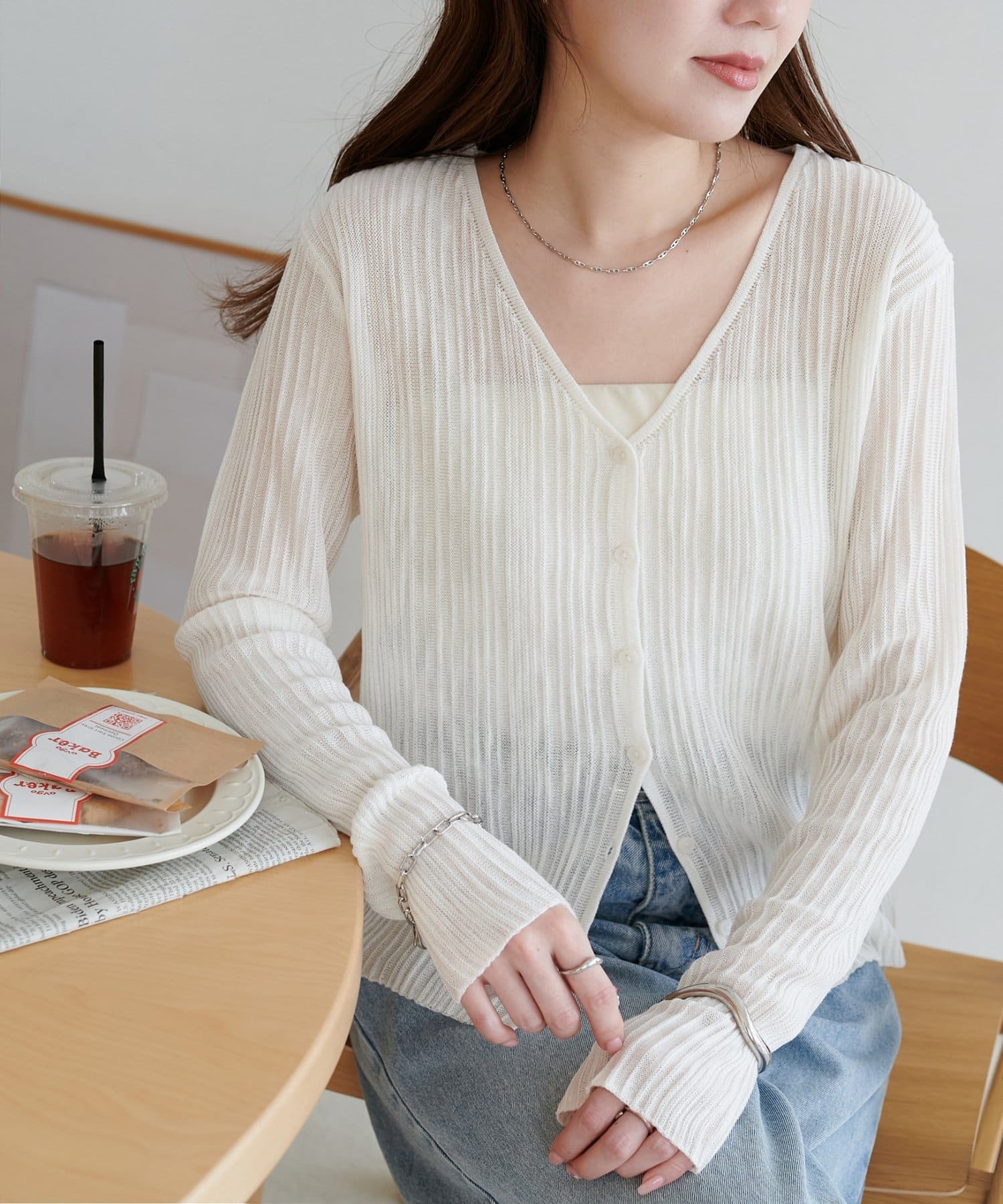 DISCOAT(ディスコート) 【新色追加!/WEB限定】シアーリブVネックカーディガン