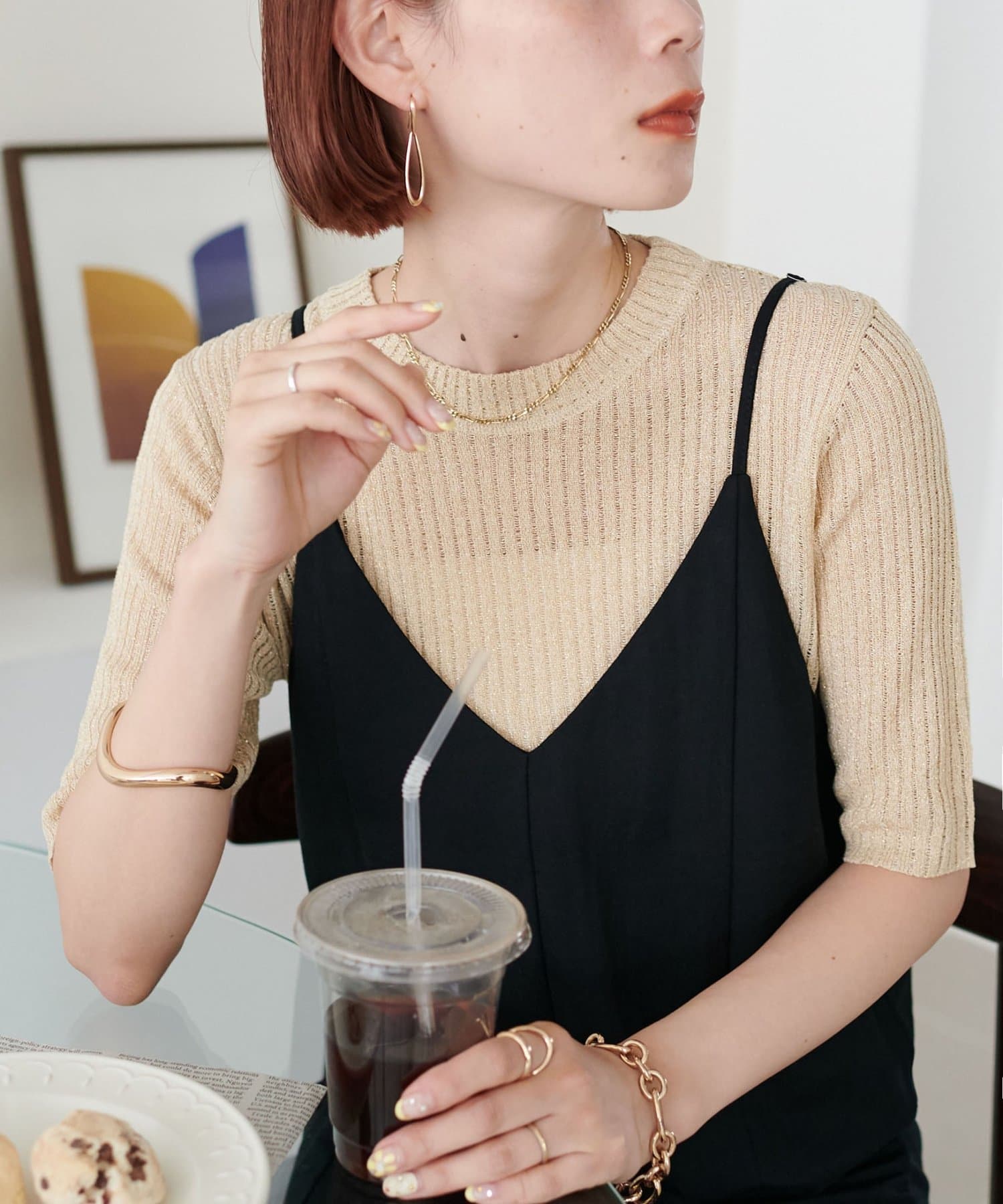 DISCOAT(ディスコート) 【WEB限定】ラメリブ5分袖プルオーバー