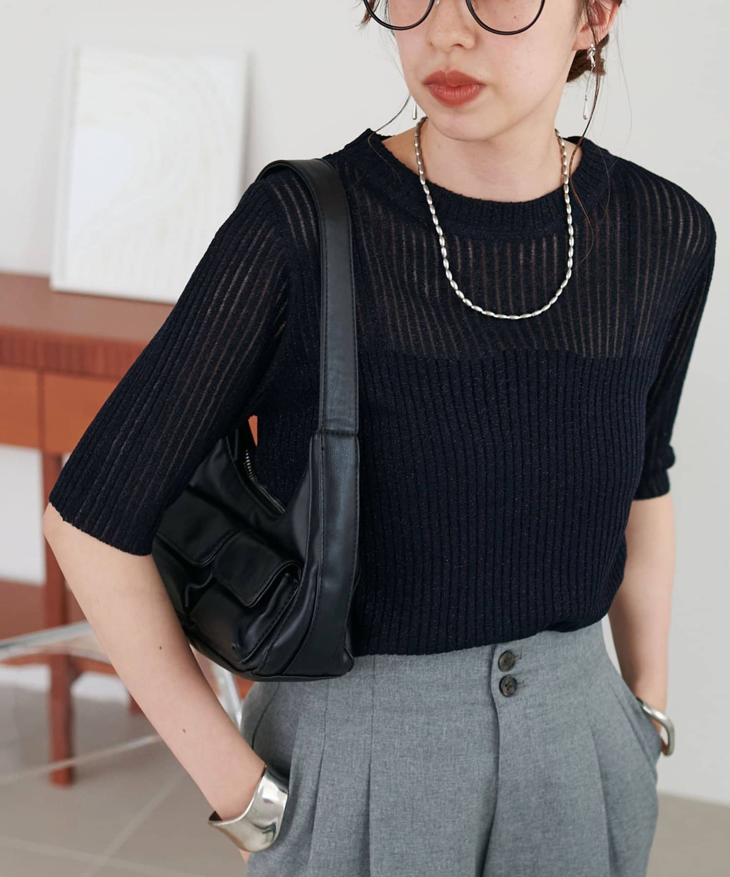 DISCOAT(ディスコート) 【WEB限定】ラメリブ5分袖プルオーバー