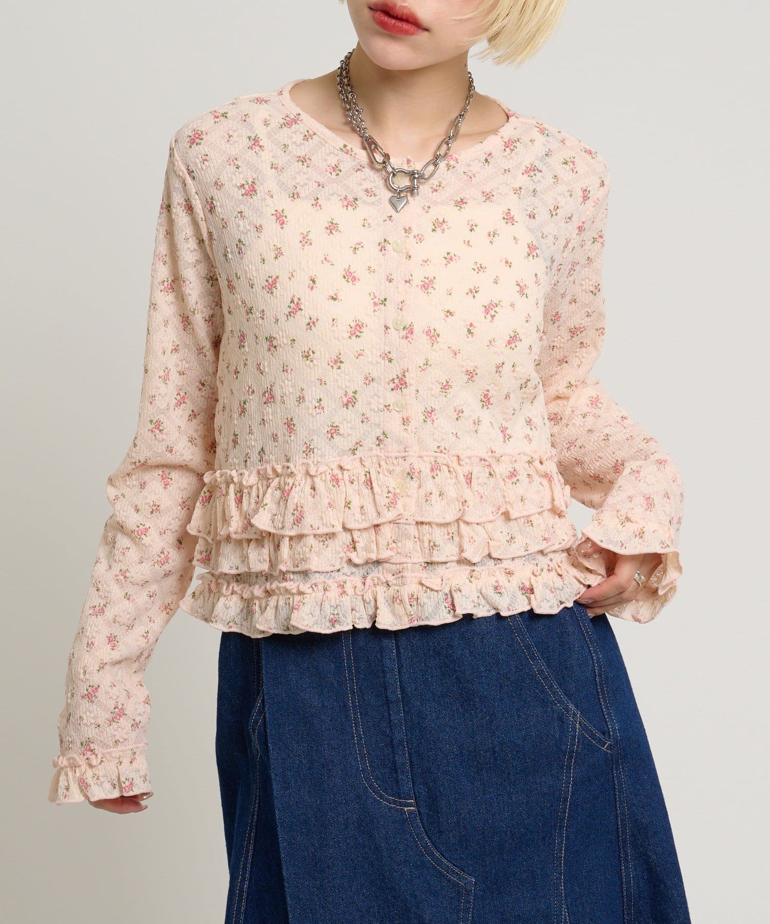 w closet(ダブルクローゼット) 裾フリル花柄カーディガン