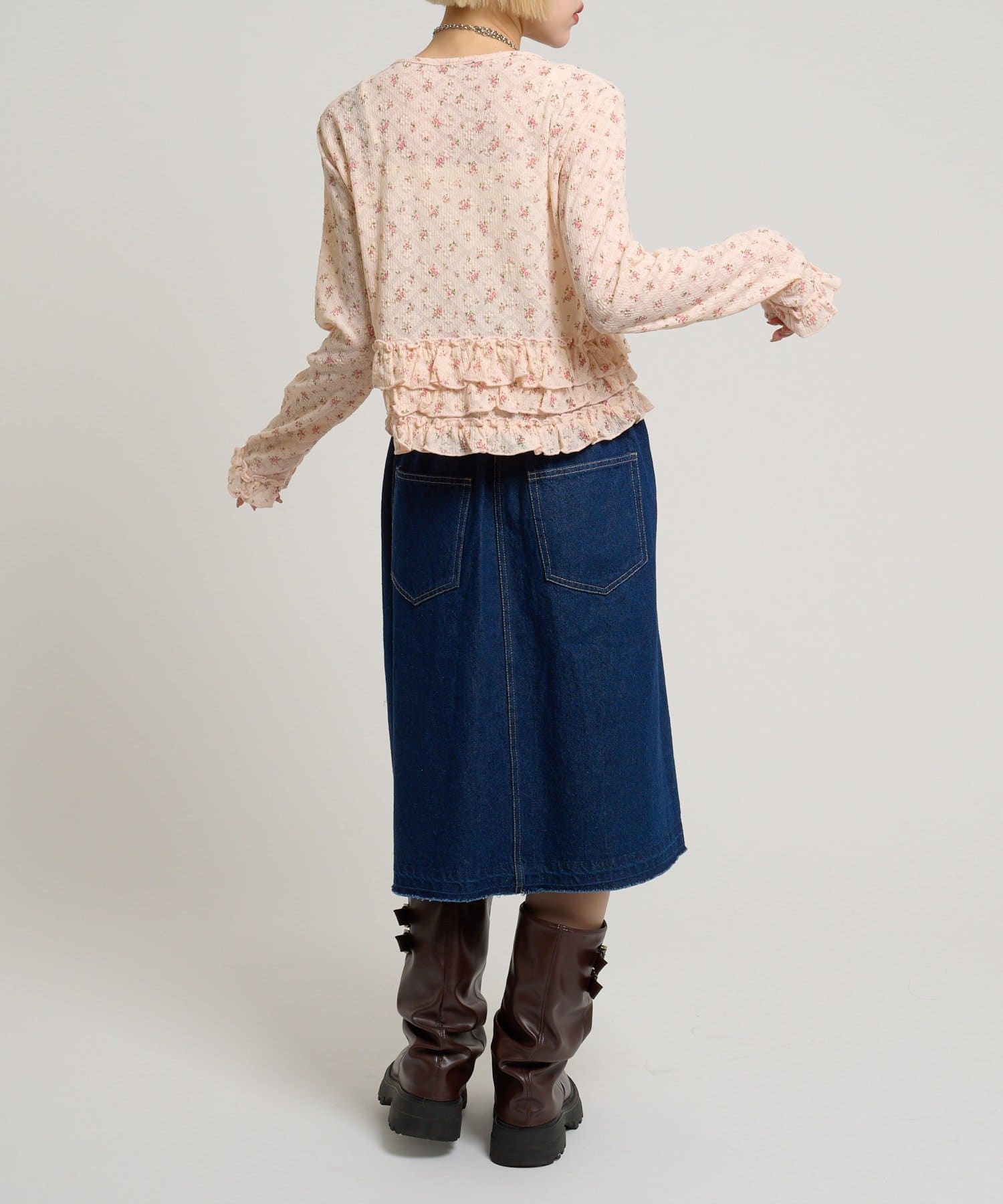 w closet(ダブルクローゼット) 裾フリル花柄カーディガン