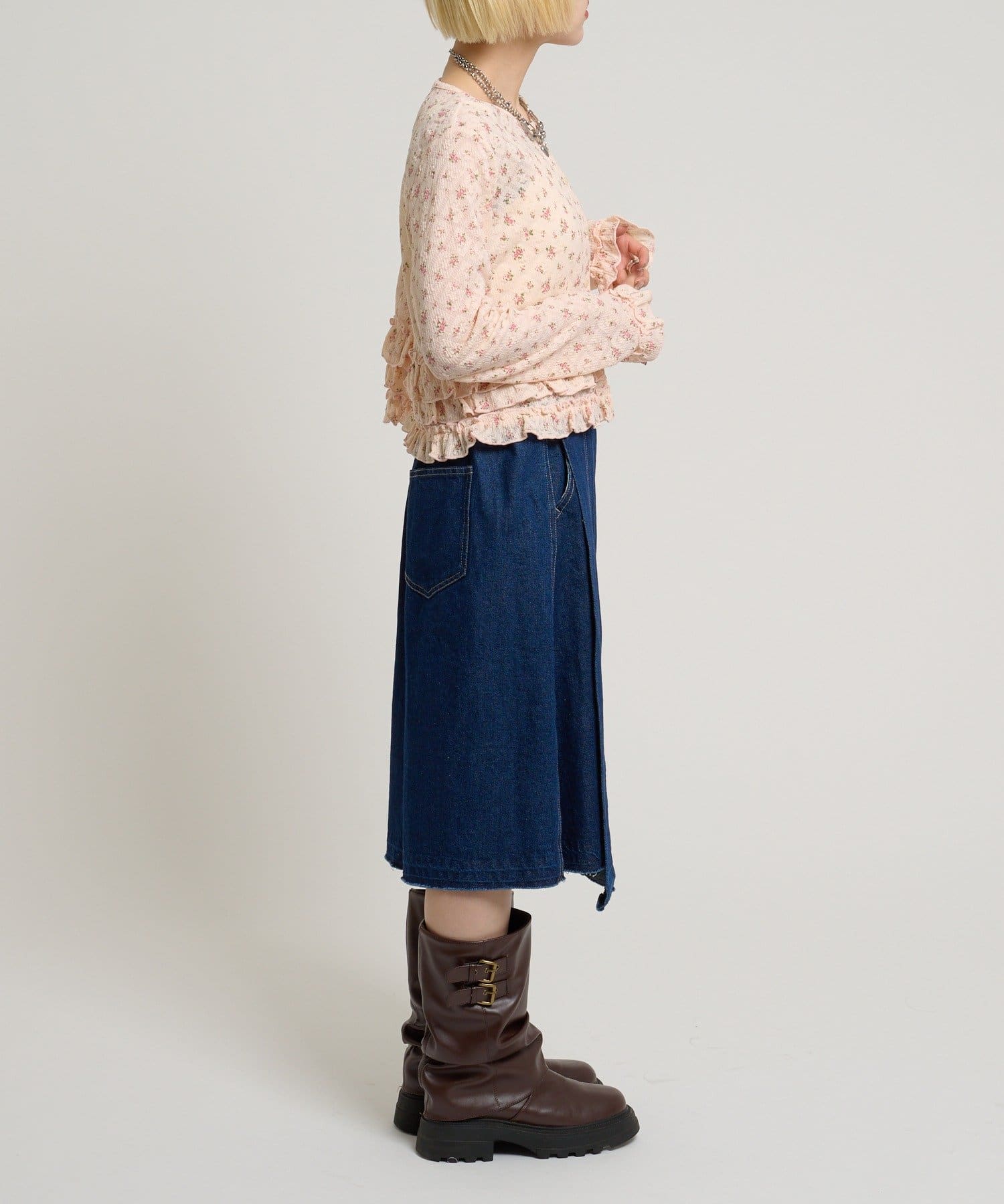 w closet(ダブルクローゼット) 裾フリル花柄カーディガン