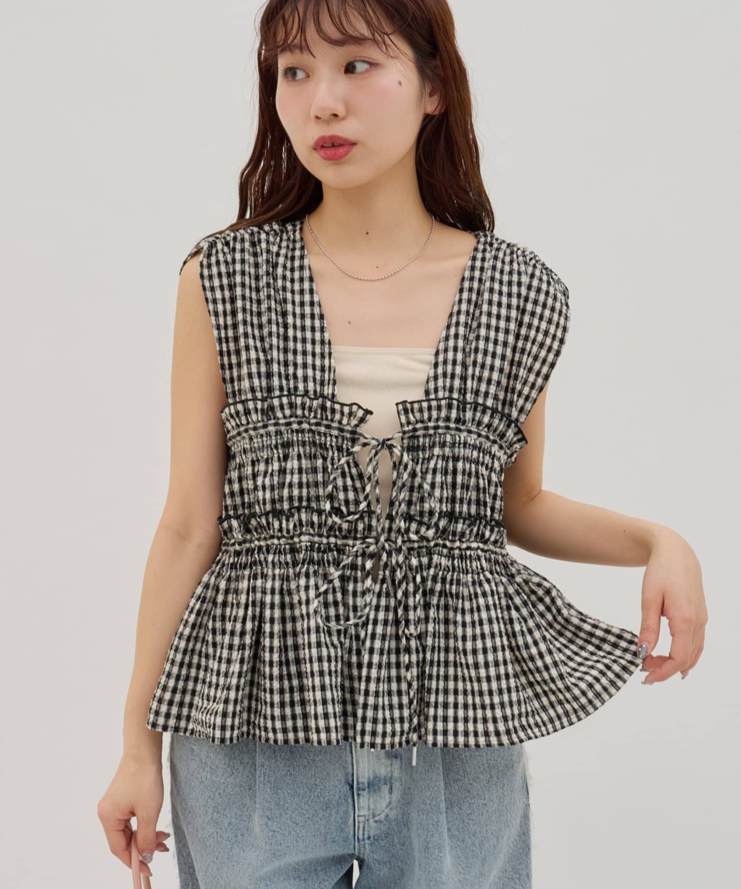 DISCOAT(ディスコート) 【umm.】柄アソートギャザーリボンノースリ