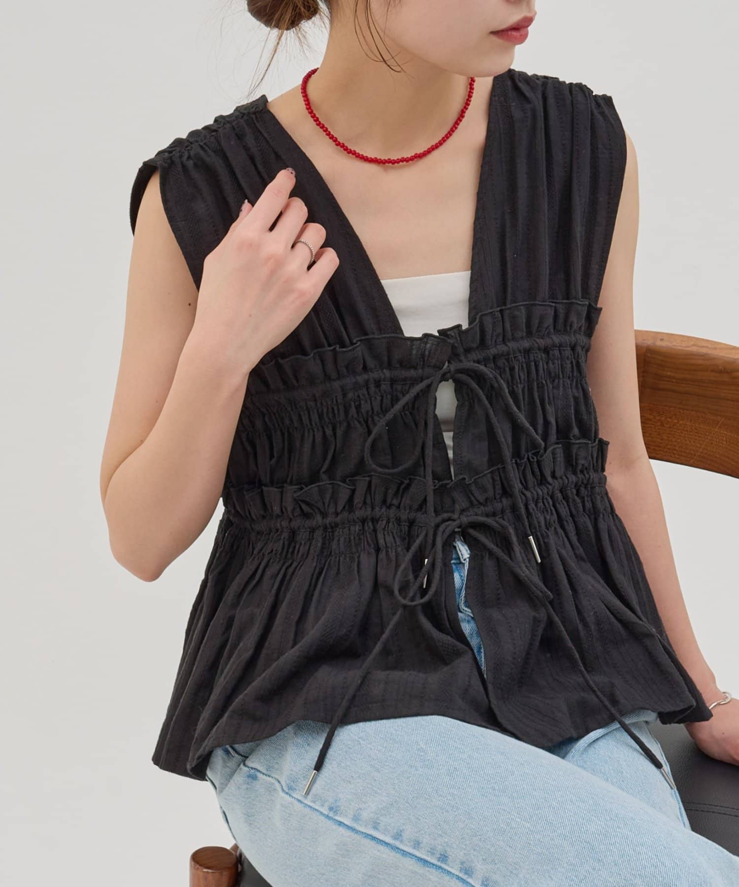 DISCOAT(ディスコート) 【umm.】柄アソートギャザーリボンノースリ