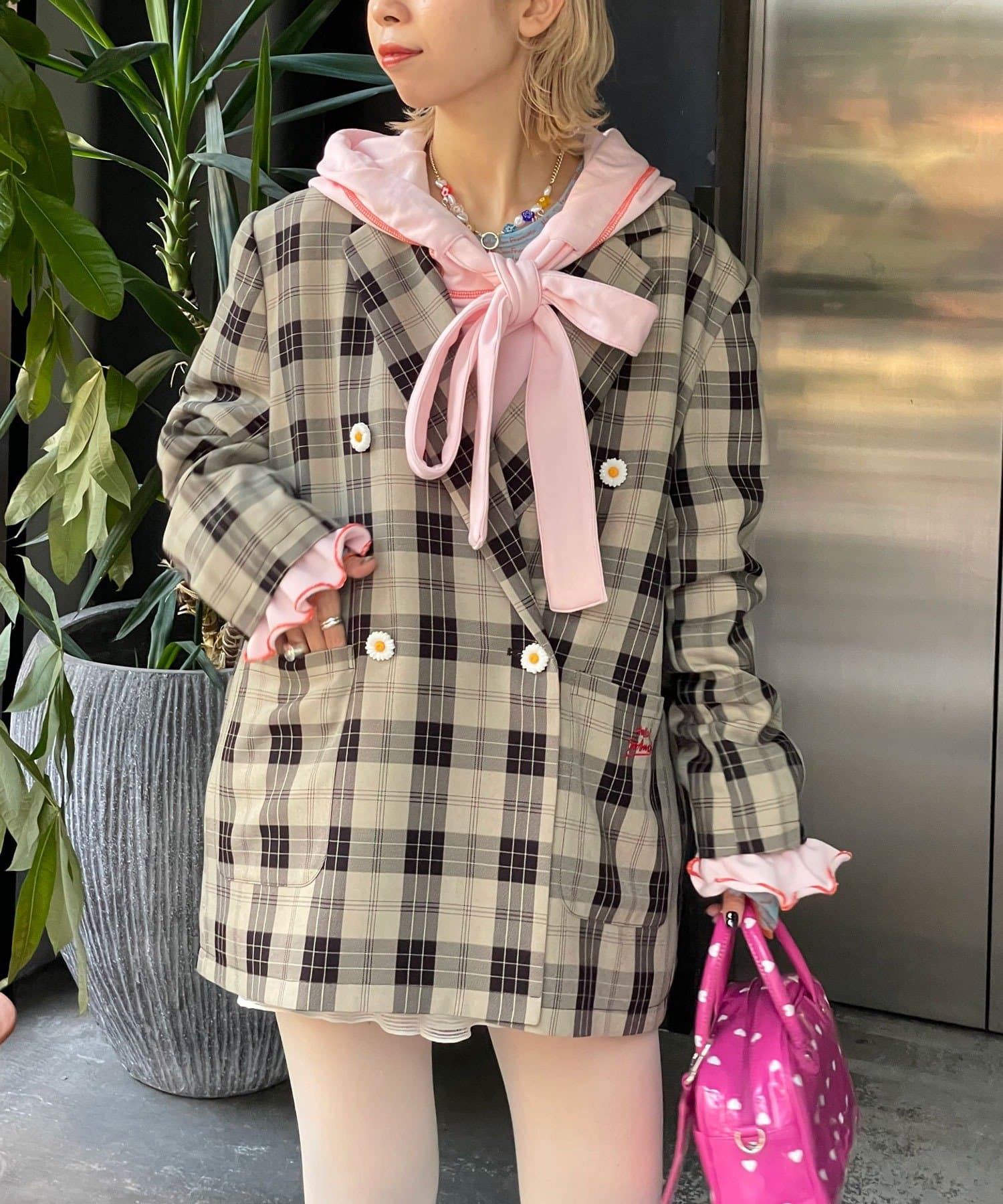 CIAOPANIC(チャオパニック) 【HELLO.SANFRANCISCO/ハローサンフランシスコ】フラワー釦チェックオーバージャケット