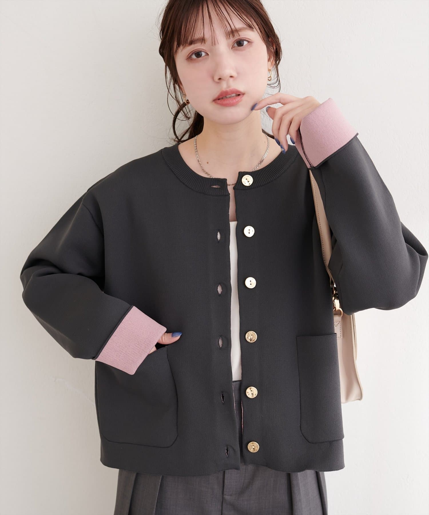 natural couture(ナチュラルクチュール) 配色ポケ付きニットカーディガン