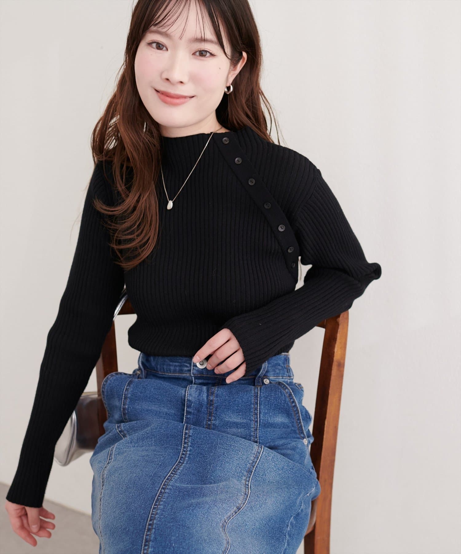 natural couture(ナチュラルクチュール) 斜めボタンプチハイリブニット
