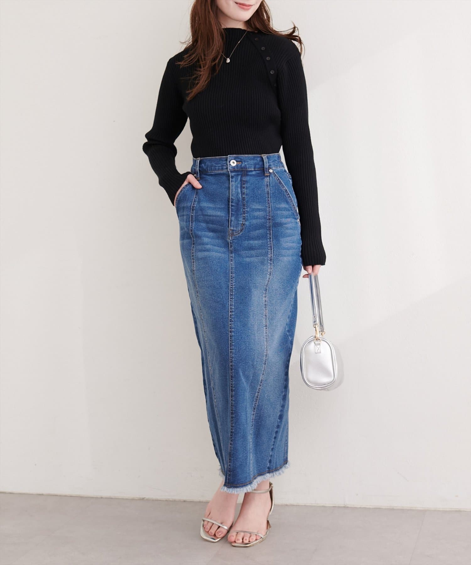 natural couture(ナチュラルクチュール) 斜めボタンプチハイリブニット