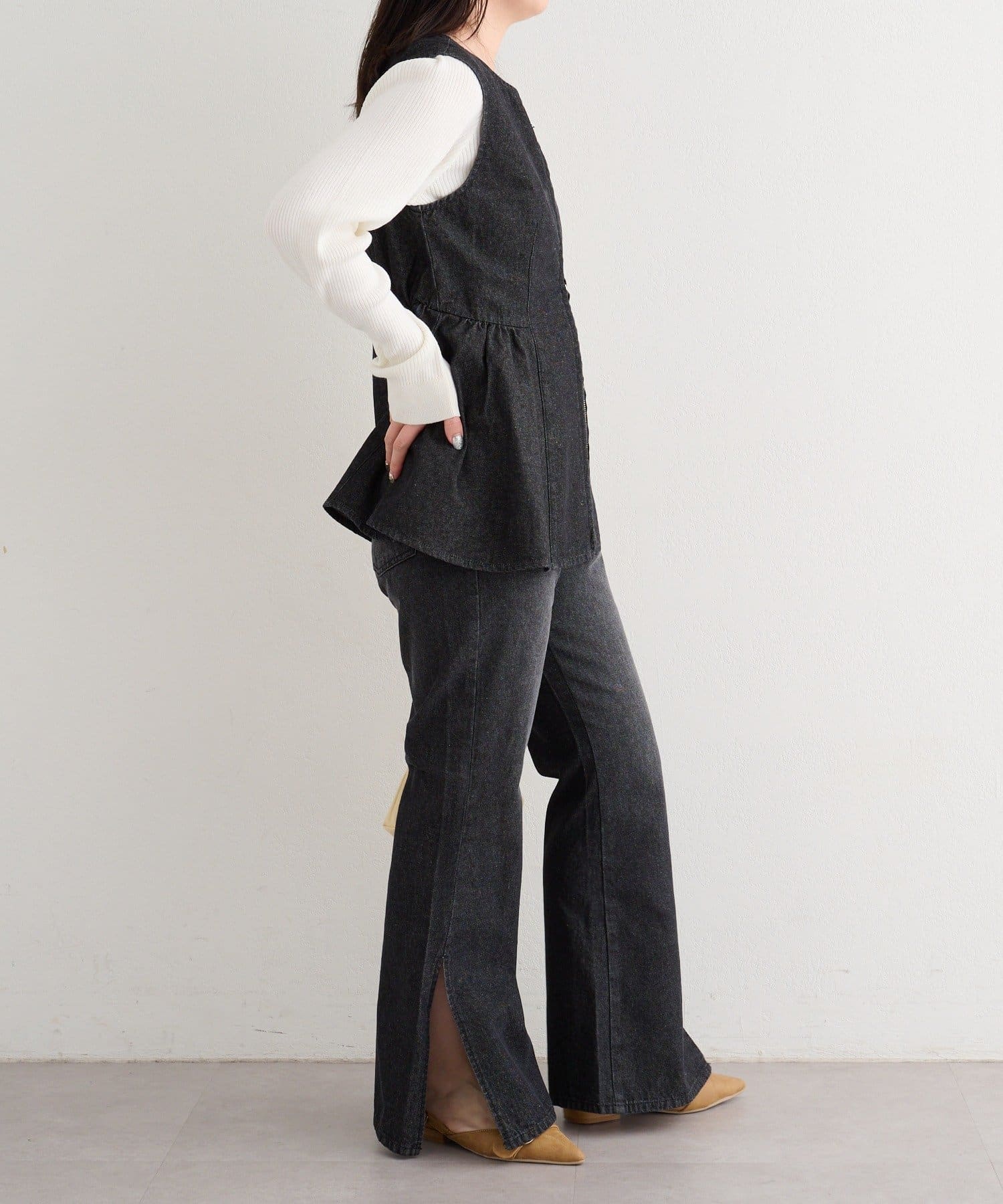 Kastane(カスタネ) 【3サイズ展開/低身長サイズ/高身長サイズ/セットアップ対応】B サイドスリットフレアデニム