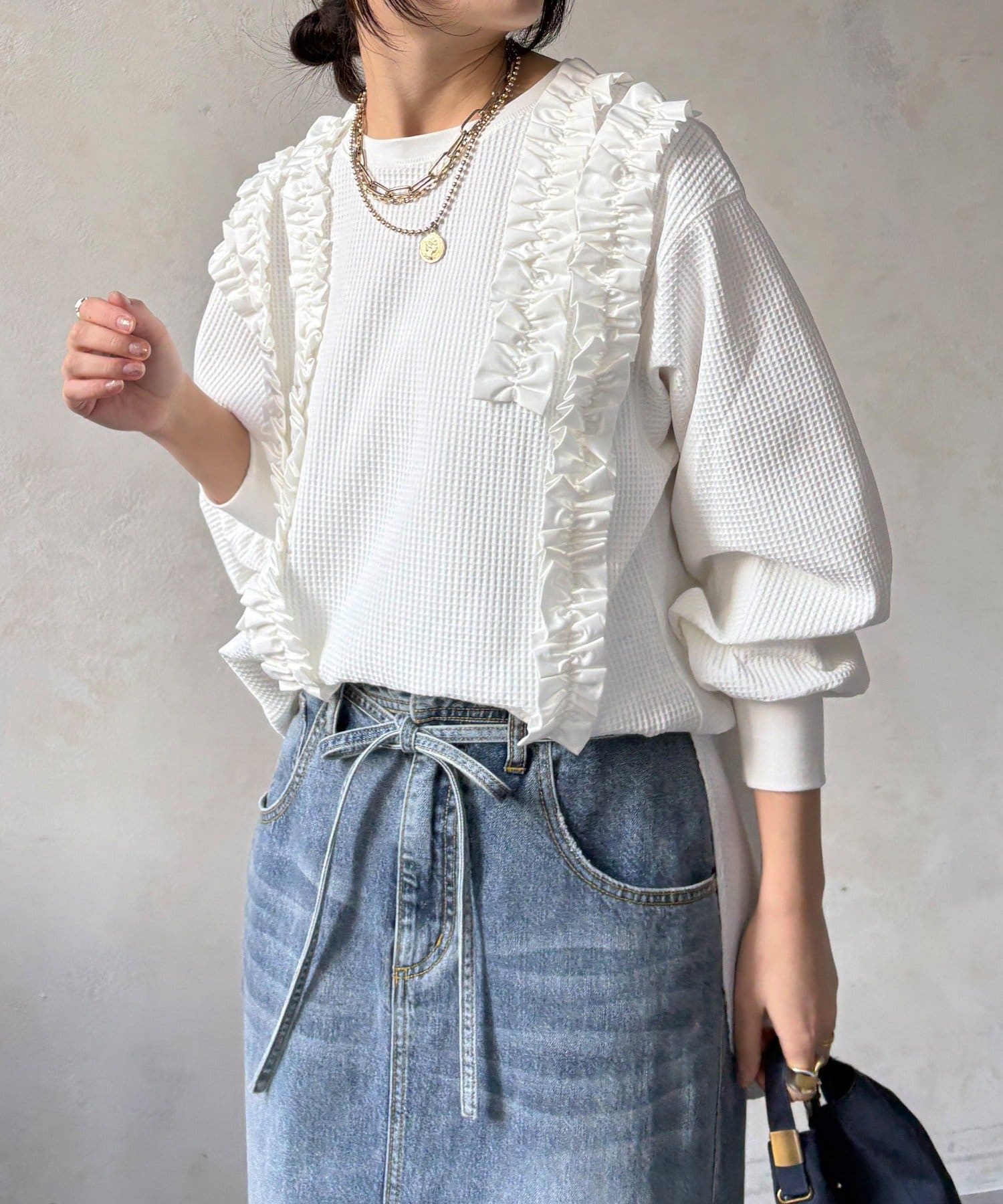 DOUDOU(ドゥドゥ) 【WEB/セットアップ可能】ランダムフリルワッフルトップス