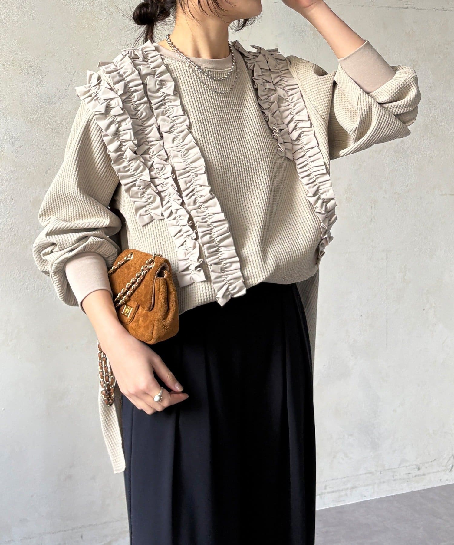 DOUDOU(ドゥドゥ) 【WEB/セットアップ可能】ランダムフリルワッフルトップス