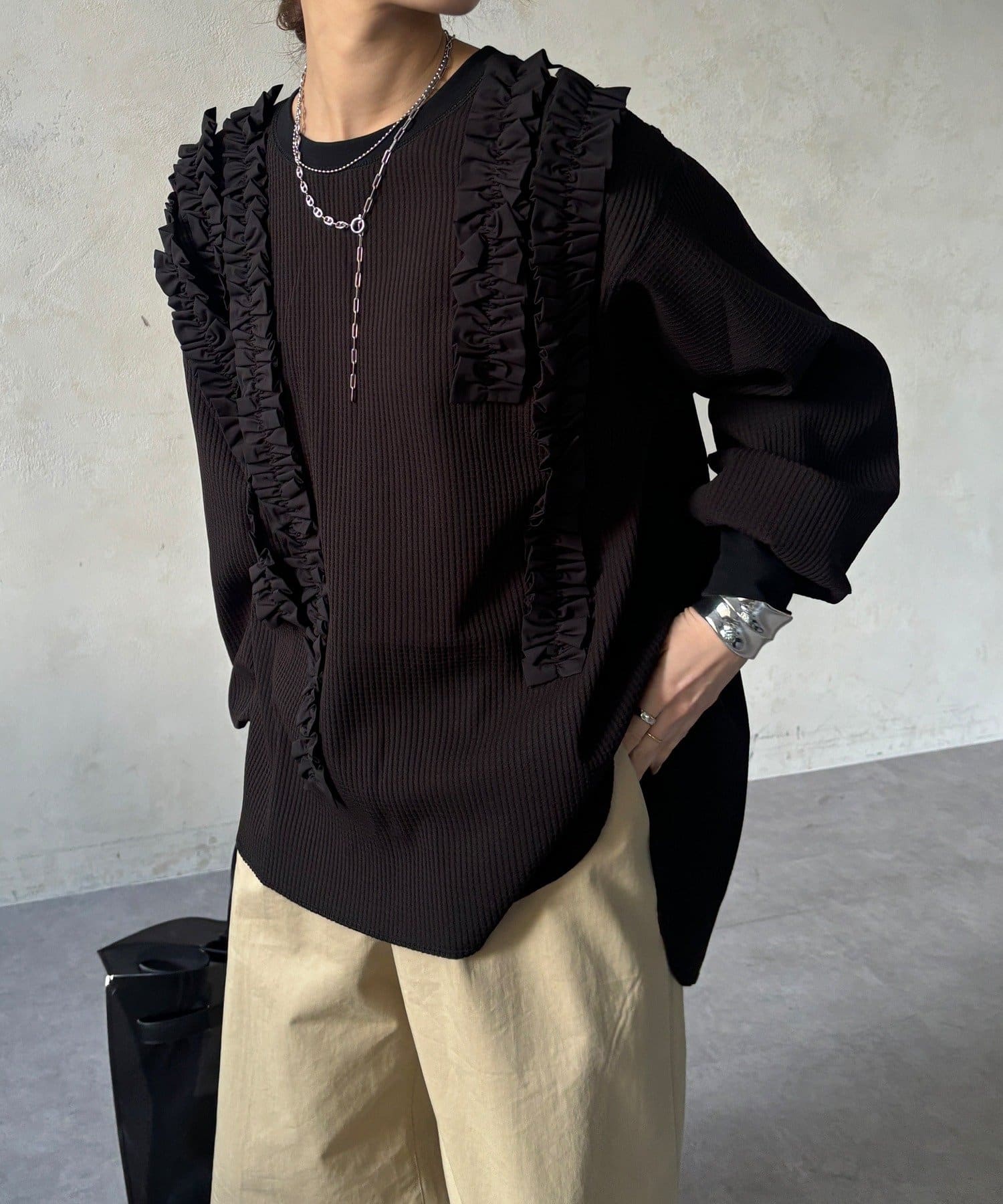 DOUDOU(ドゥドゥ) 【WEB/セットアップ可能】ランダムフリルワッフルトップス