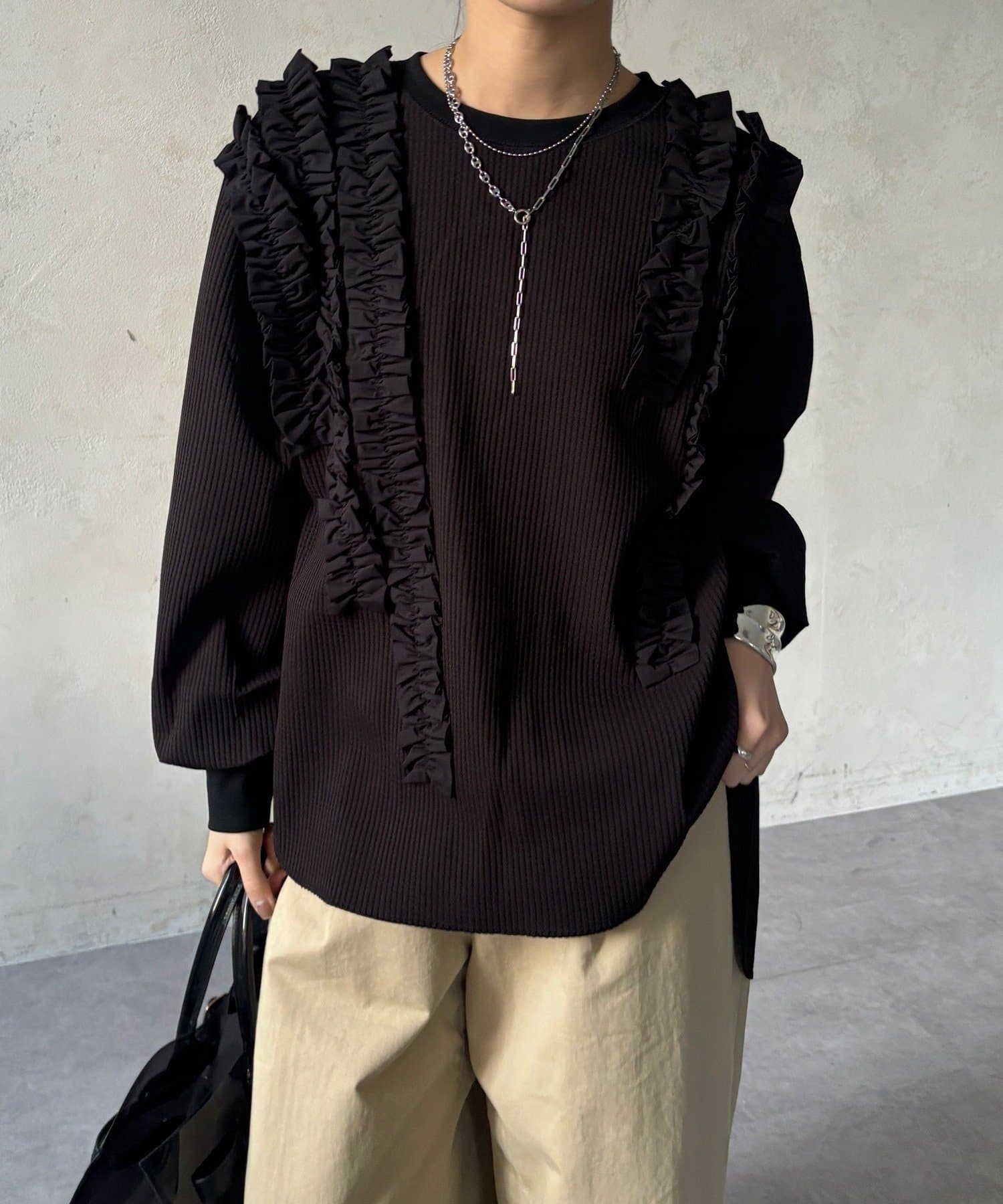 DOUDOU(ドゥドゥ) 【WEB/セットアップ可能】ランダムフリルワッフルトップス