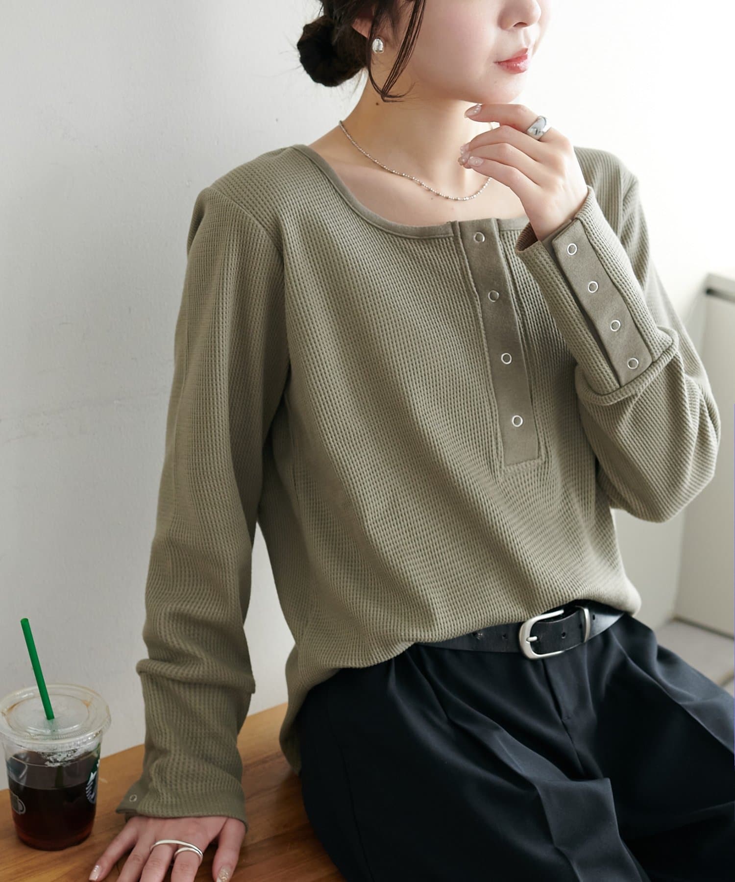 DISCOAT(ディスコート) 【WEB限定】袖リングボタンワッフルロンT