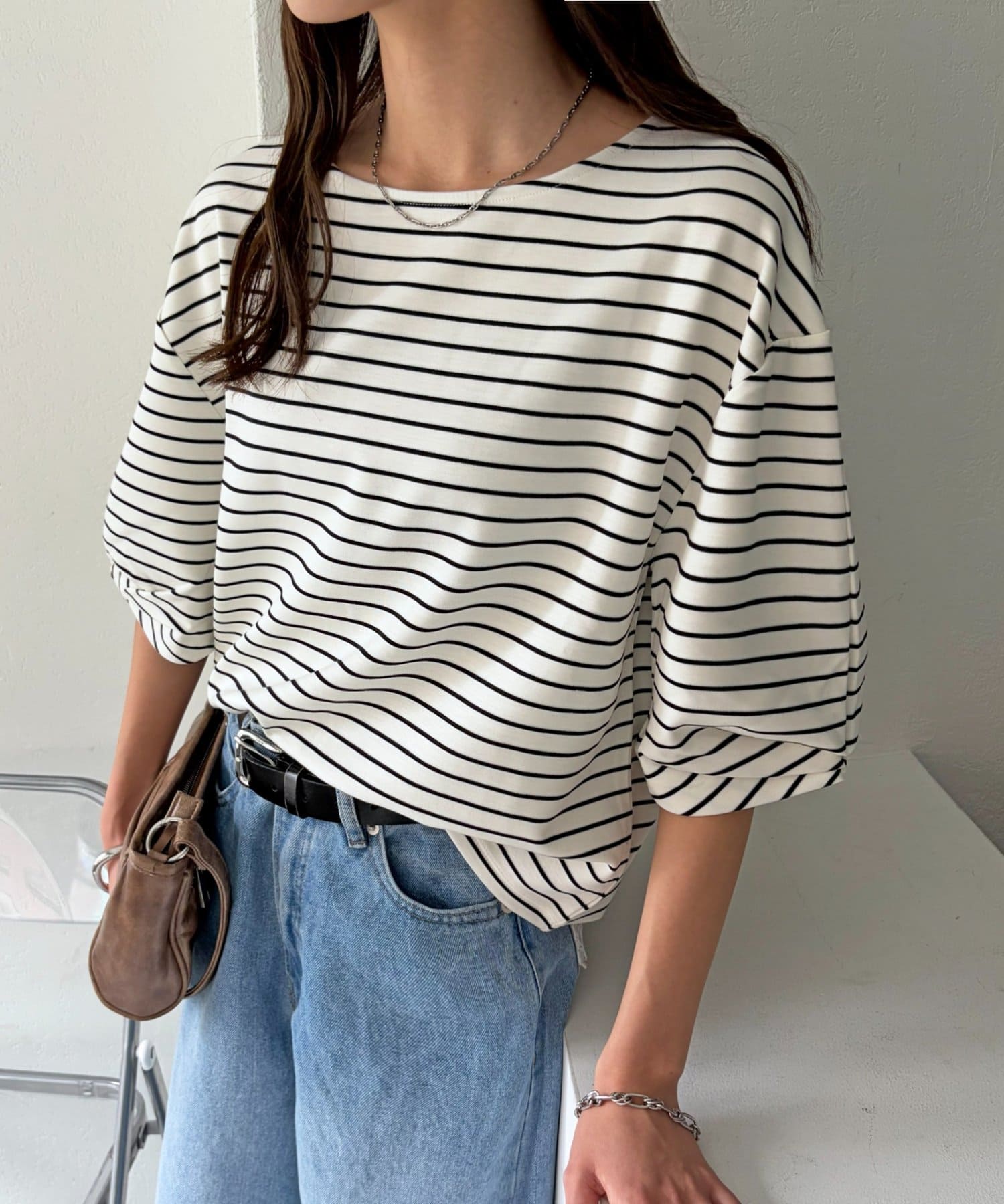 DISCOAT(ディスコート) 【WEB限定】袖ギャザーボーダーTシャツ