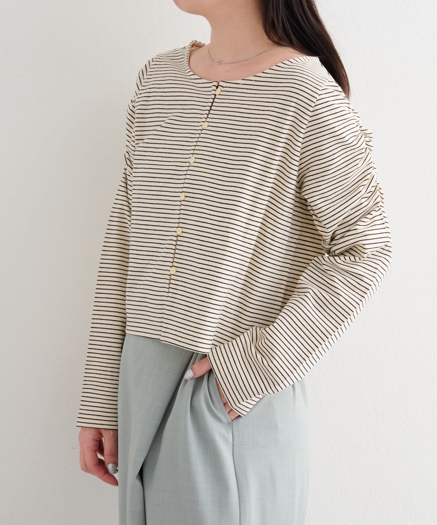 Kastane(カスタネ) 【4色展開】B ボーダーギャザーショルダーカーディガン