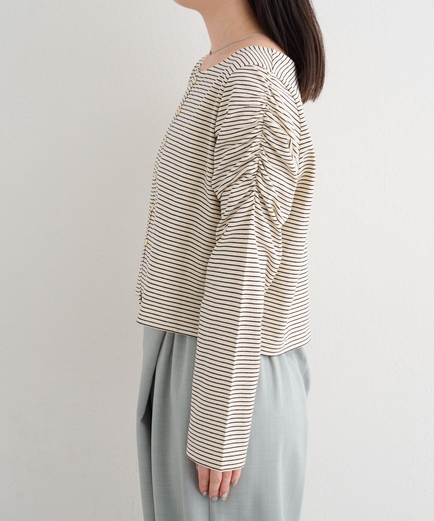 Kastane(カスタネ) 【4色展開】B ボーダーギャザーショルダーカーディガン