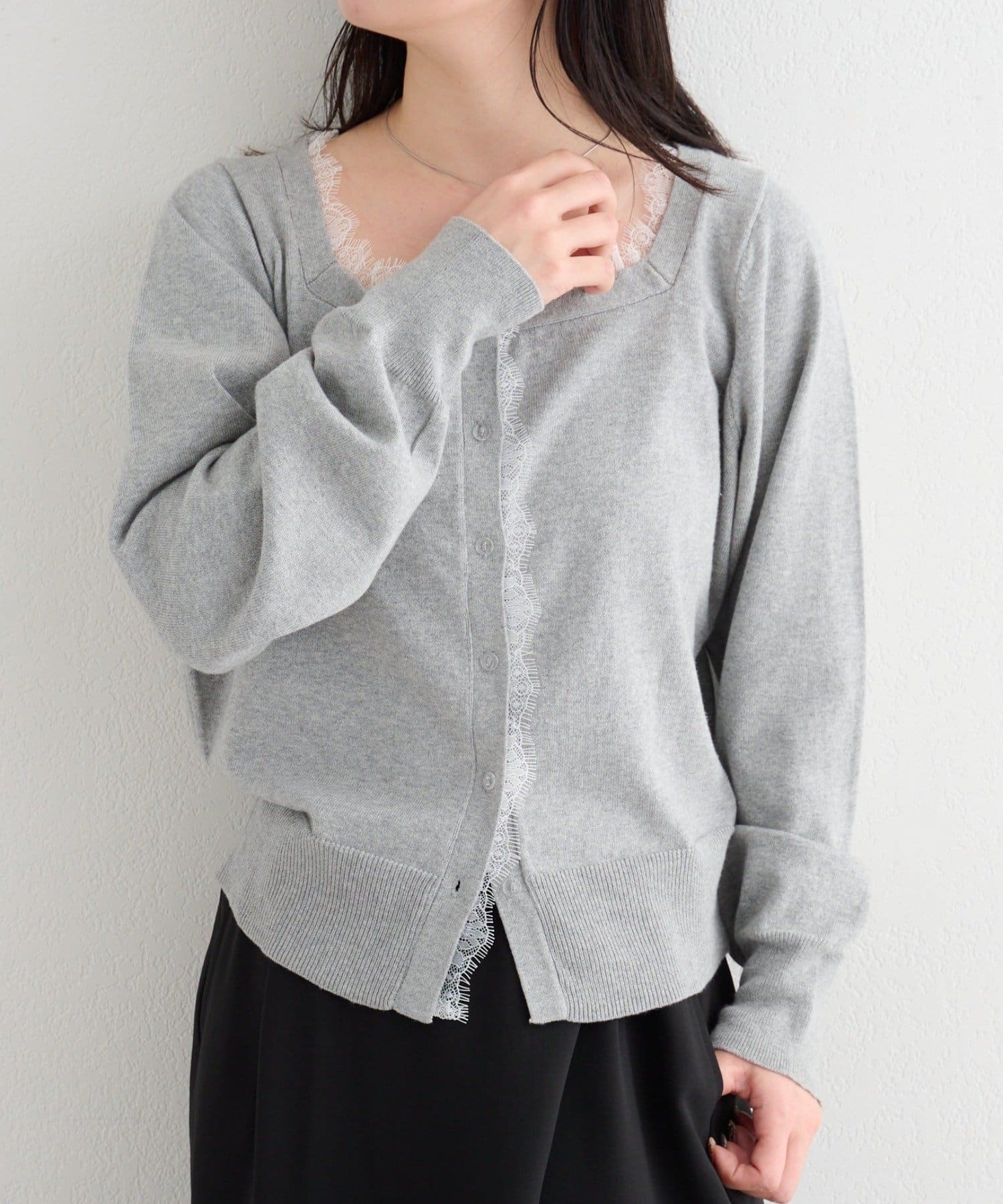 Kastane(カスタネ) 【4色展開】B レーススクエアネックカーディガン