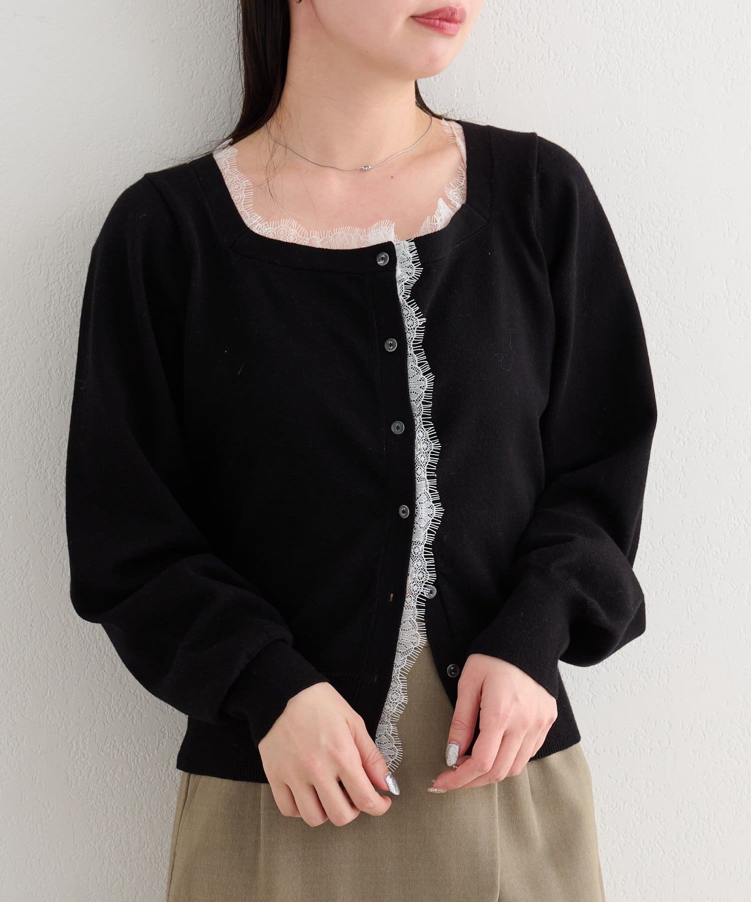 Kastane(カスタネ) 【4色展開】B レーススクエアネックカーディガン