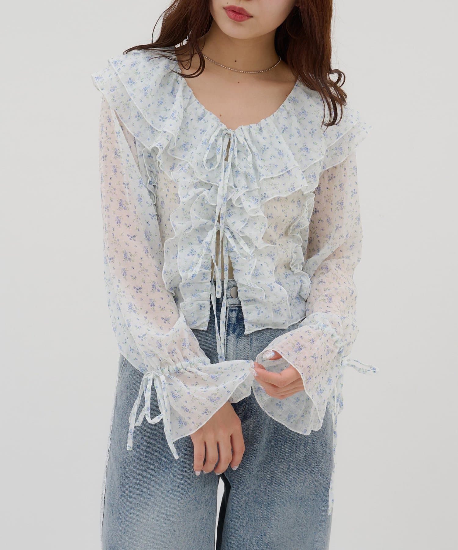 DISCOAT(ディスコート) 【umm./花柄＆無地】生地ジャガードフリルブラウス