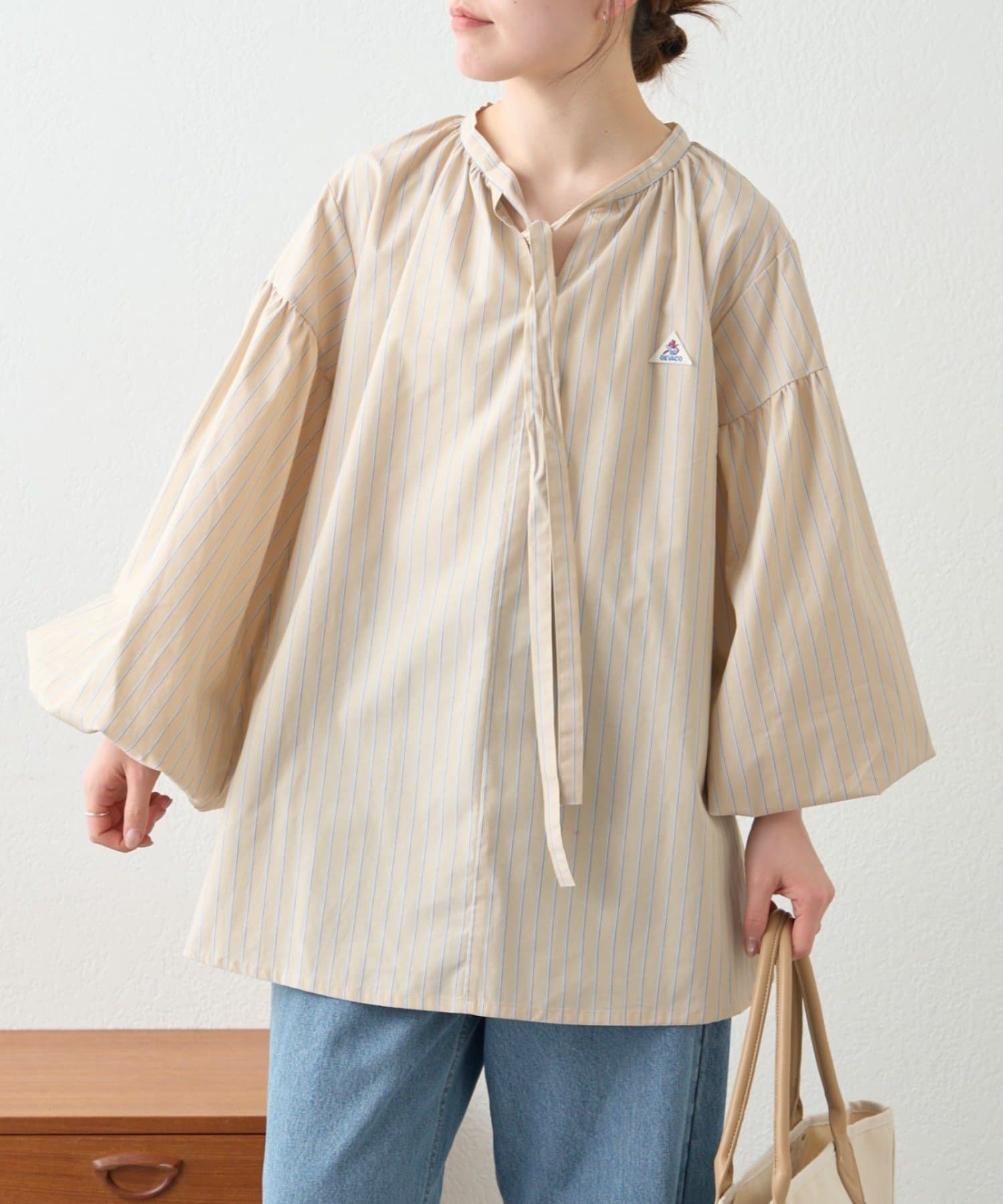 CIAOPANIC TYPY(チャオパニックティピー) 【GEVACO】ストライプ柄ボウタイギャザーチュニックブラウス