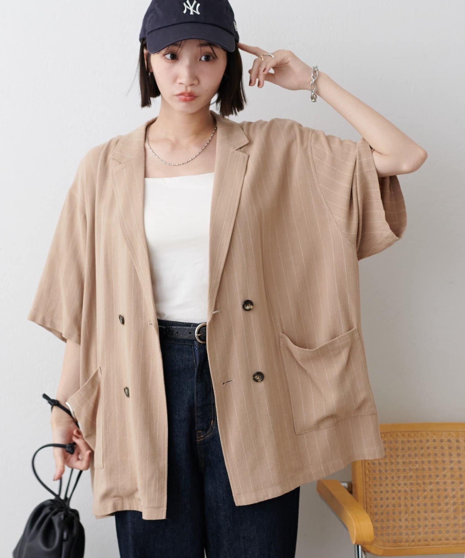 DISCOAT(ディスコート) 【WEB限定】麻混ストライプ半袖シャツジャケット