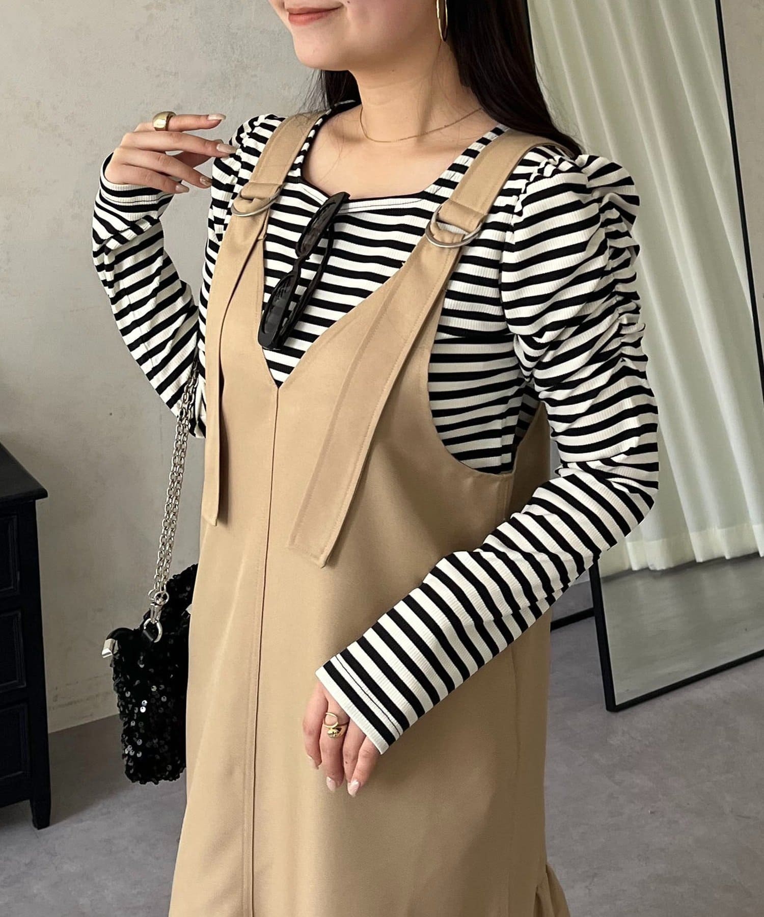 prose verse(プロズヴェール) 袖シャーリングギャザーボーダートップス