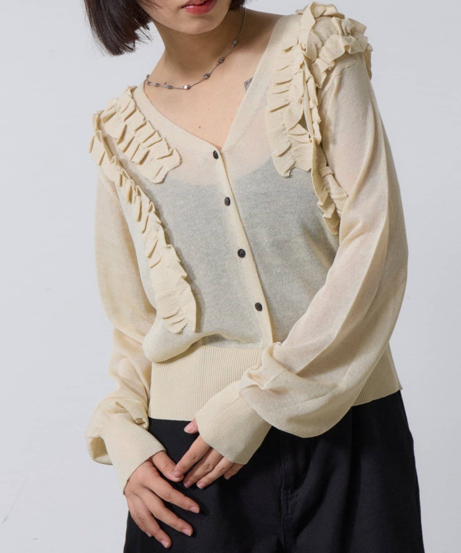 -goocy-(グーシー) アシメフリルシアーカーディガン