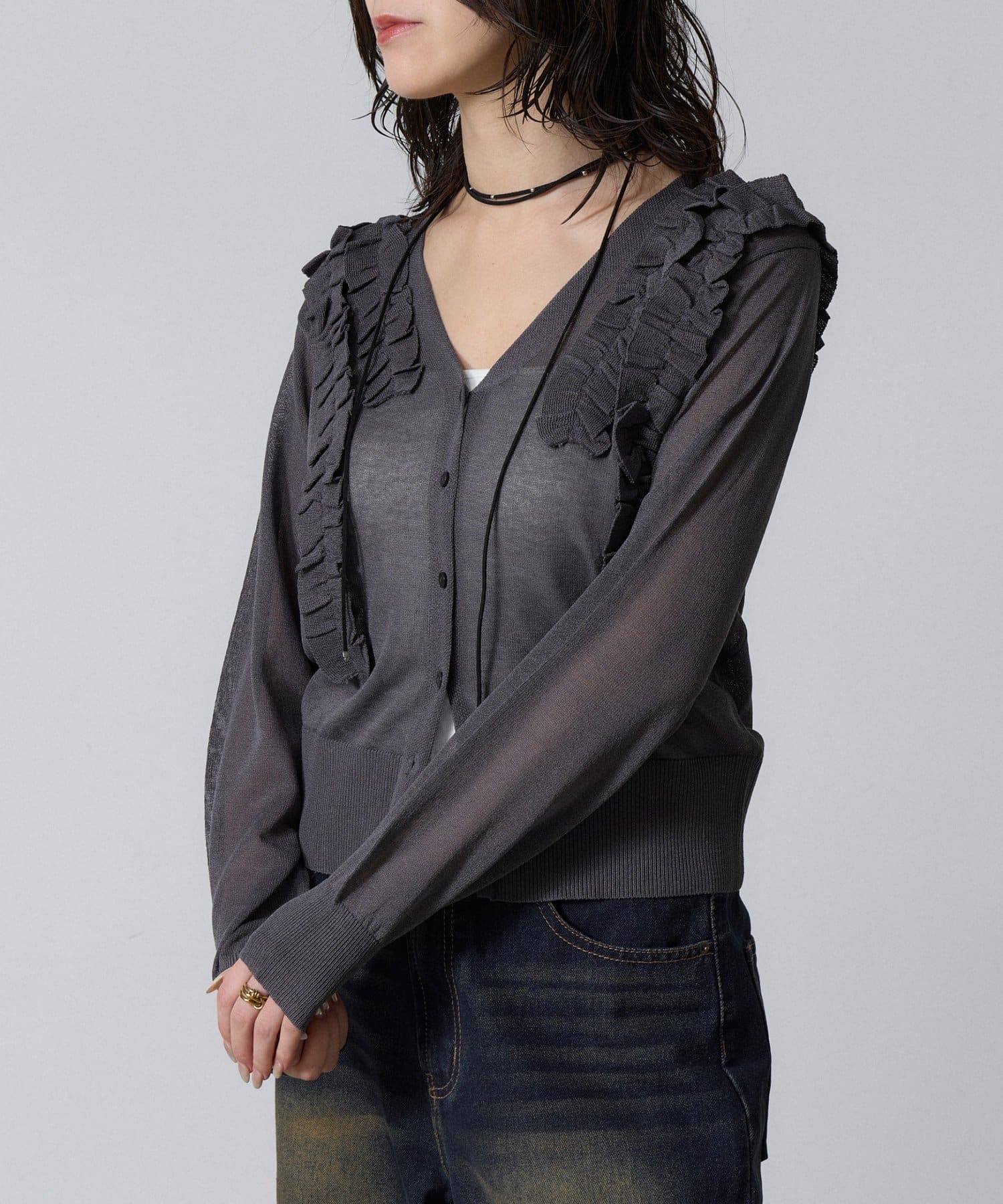 -goocy-(グーシー) アシメフリルシアーカーディガン