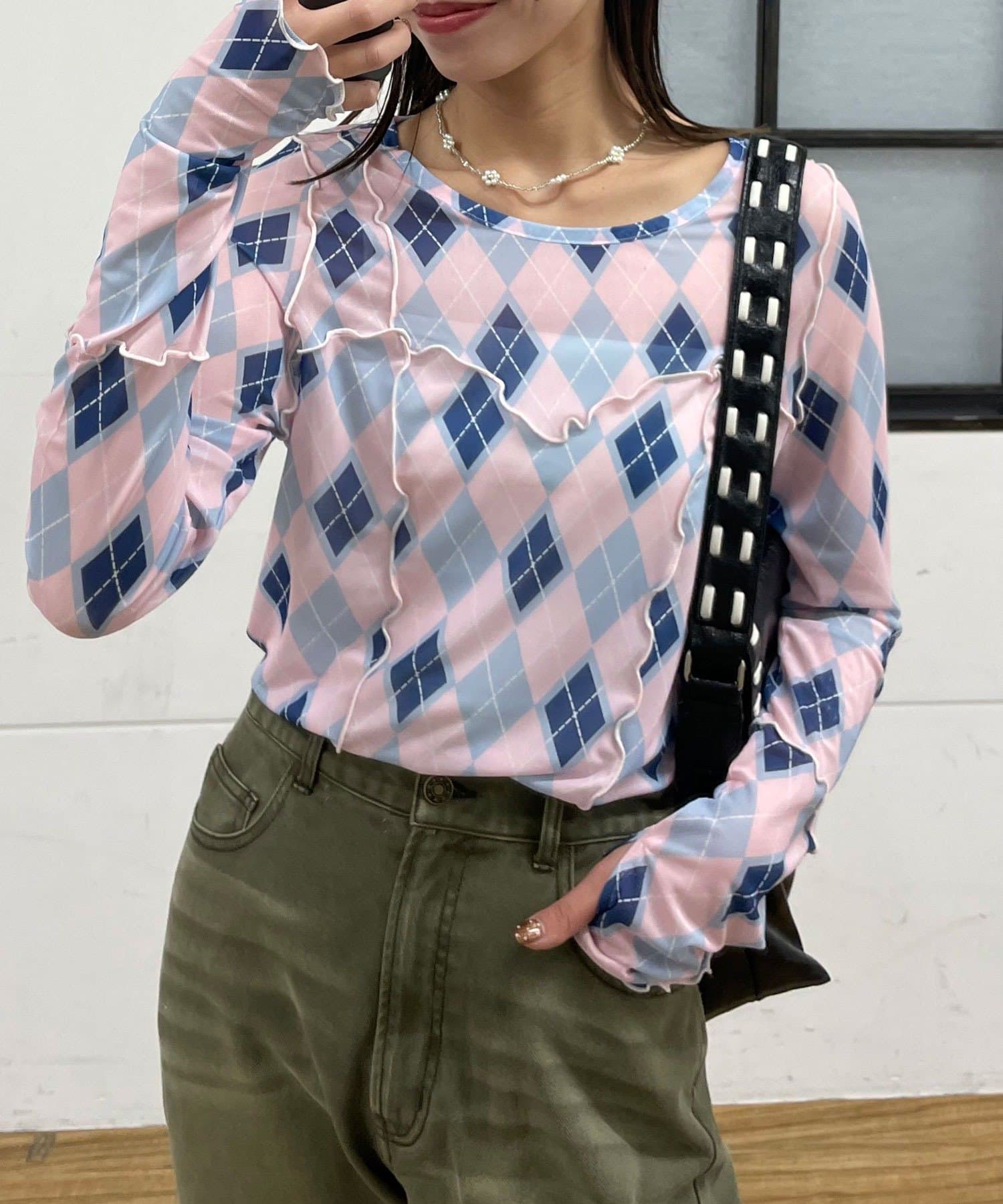 CIAOPANIC(チャオパニック) アーガイル柄メローシアートップス