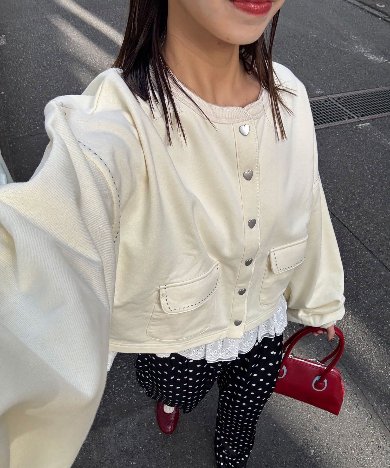 CIAOPANIC(チャオパニック) ハートボタン配色ステッチスウェットカーディガン