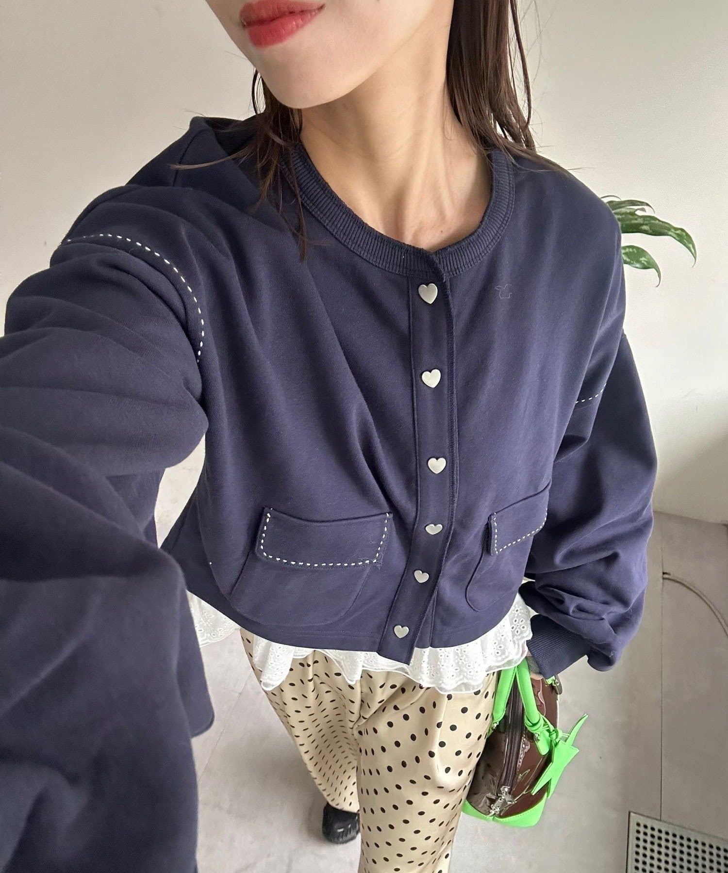 CIAOPANIC(チャオパニック) ハートボタン配色ステッチスウェットカーディガン